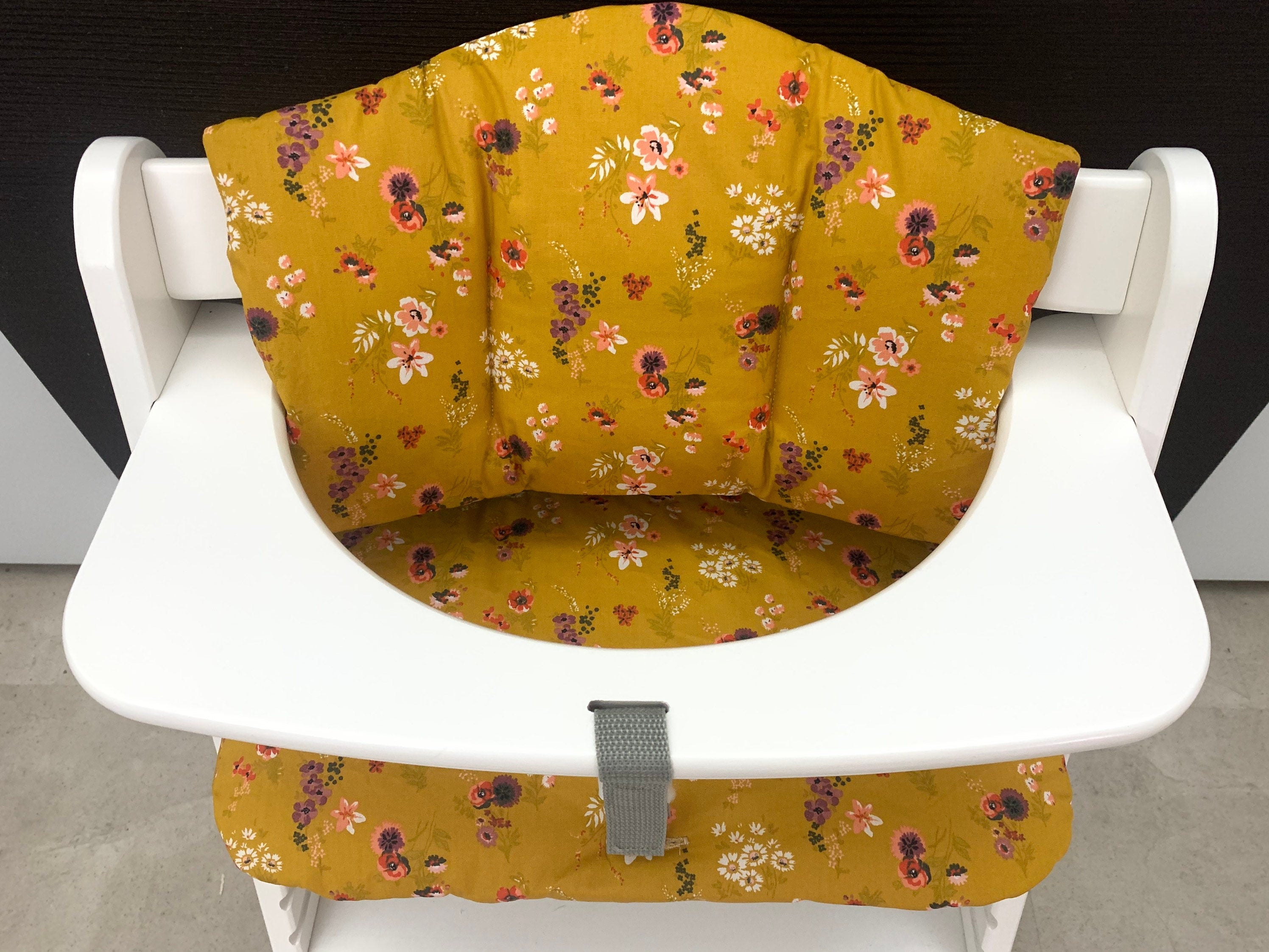 Abwaschbares Sitzkissen Kissenset für Hauck Alpha, Tray Hochstuhl - Blüten Senffarbend