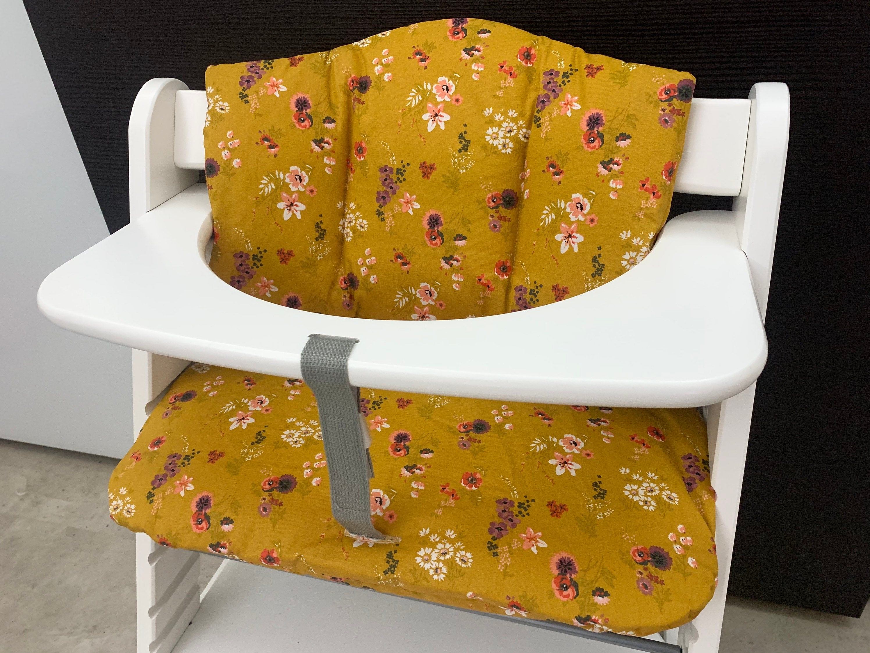 Abwaschbares Sitzkissen Kissenset für Hauck Alpha, Tray Hochstuhl - Blüten Senffarbend