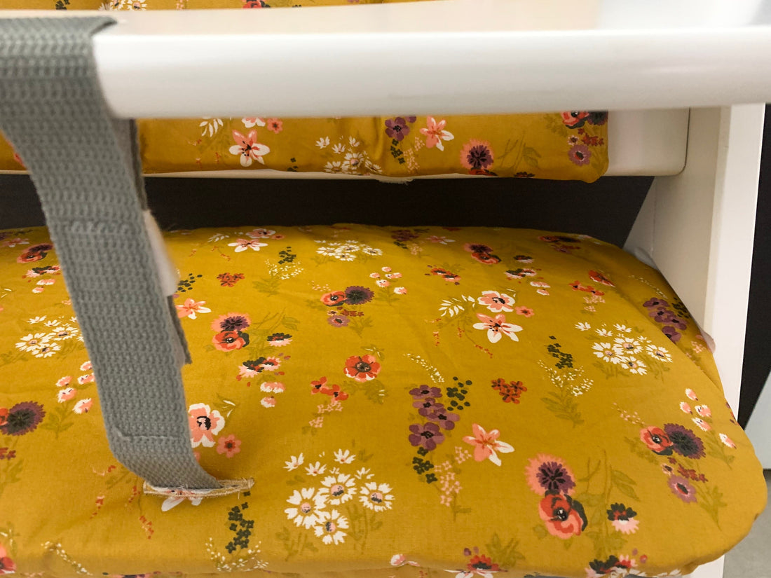 Abwaschbares Sitzkissen Kissenset für Hauck Alpha, Tray Hochstuhl - Blüten Senffarbend