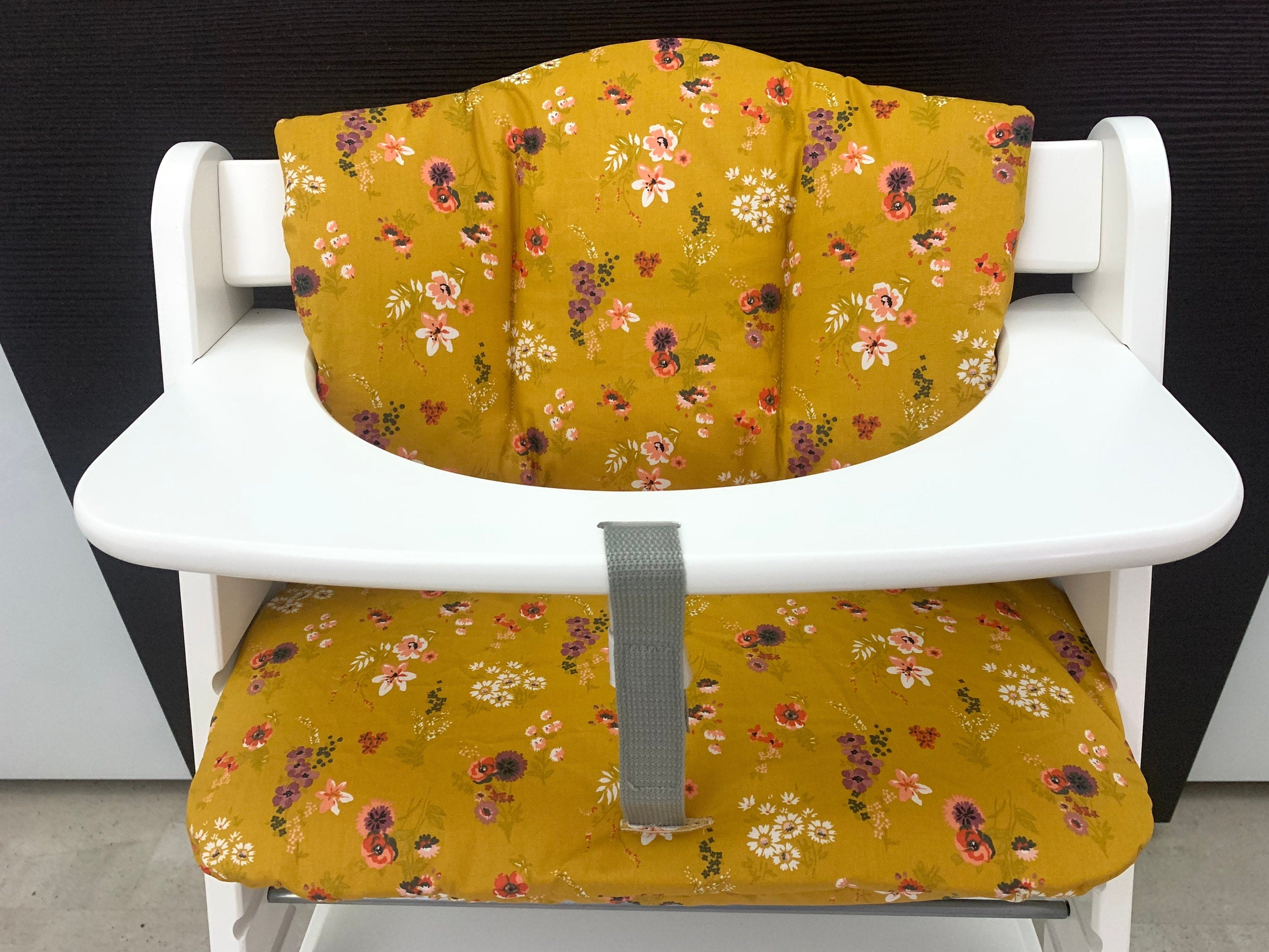 Abwaschbares Sitzkissen Kissenset für Hauck Alpha, Tray Hochstuhl - Blüten Senffarbend