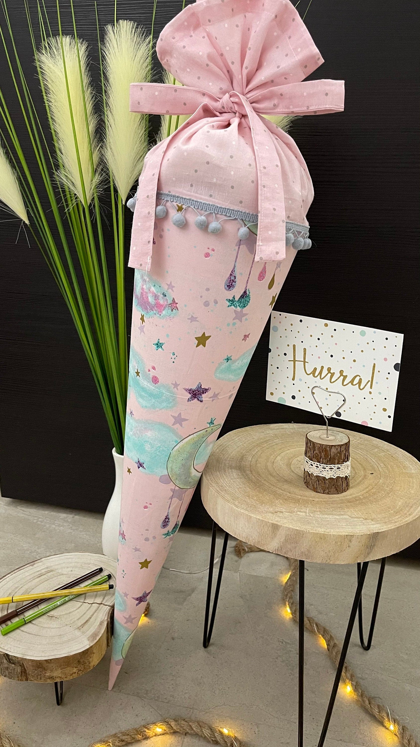 Schultüte Zuckertüte Einschulung Groß 70cm Handmade / Mond und Sterne Rosa Gold