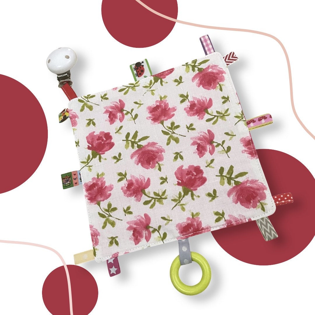 Knisterkissen Knistertuch Baby, Clip und Greifling - Rosen