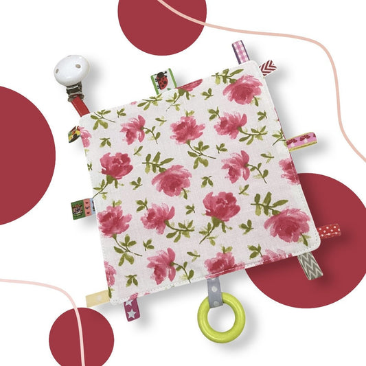 Knisterkissen Knistertuch Baby, Clip und Greifling - Rosen