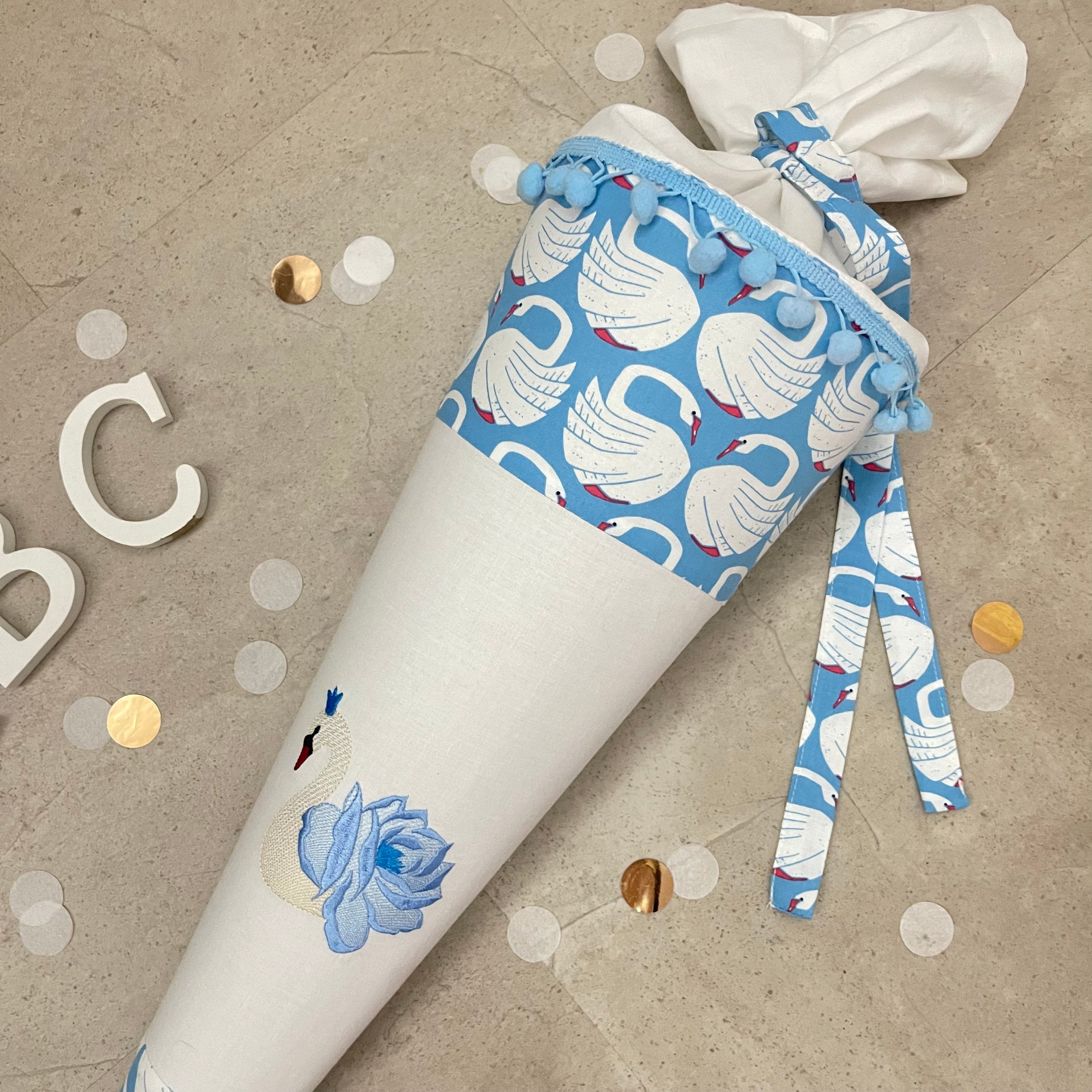 Einzelstück Schultüte Stoff Zuckertüte Einschulung 70cm Handmade / Schwan gestickt