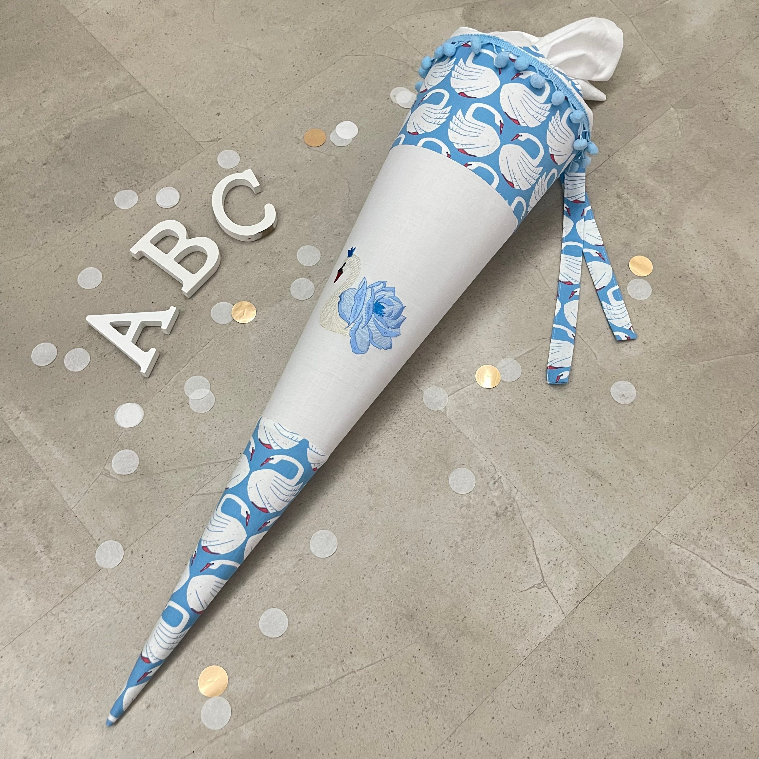 Einzelstück Schultüte Stoff Zuckertüte Einschulung 70cm Handmade / Schwan gestickt