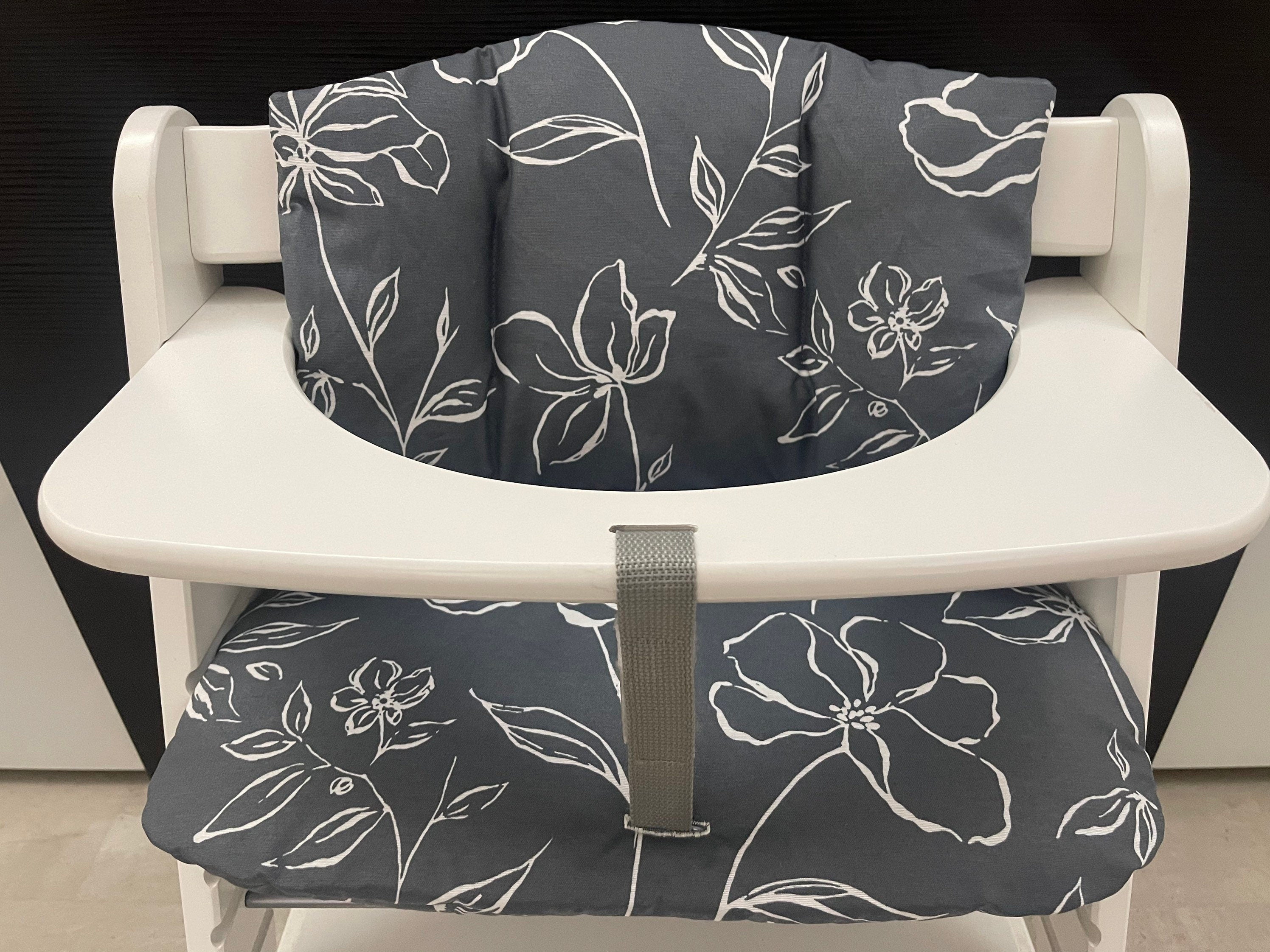 Abwaschbares Sitzkissen Kissenset für Hauck Alpha, Tray, Beta Hochstuhl - Grau Blumen