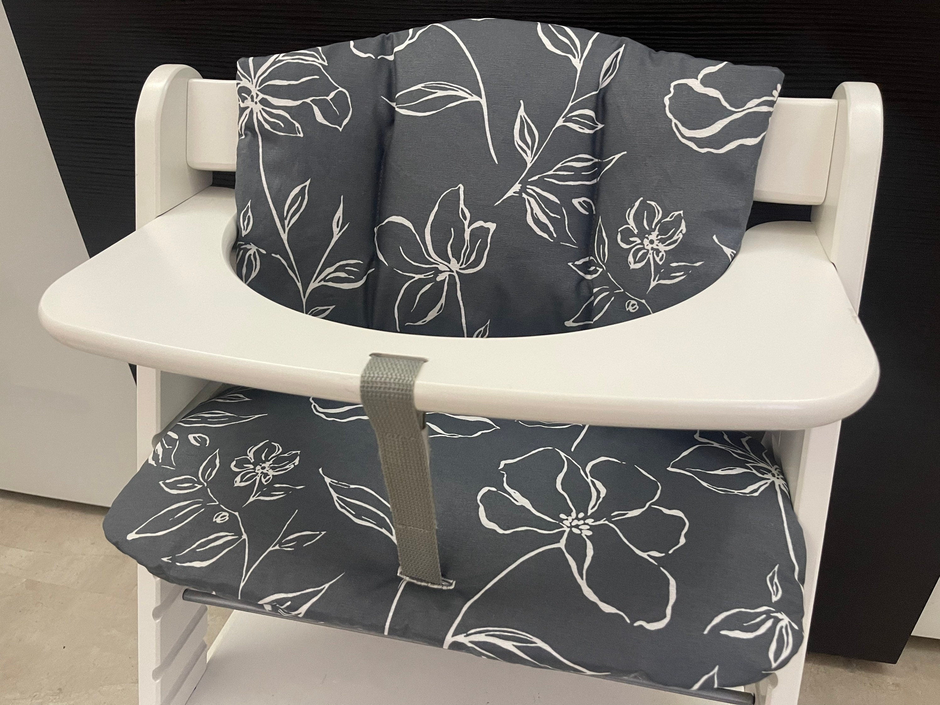 Abwaschbares Sitzkissen Kissenset für Hauck Alpha, Tray, Beta Hochstuhl - Grau Blumen