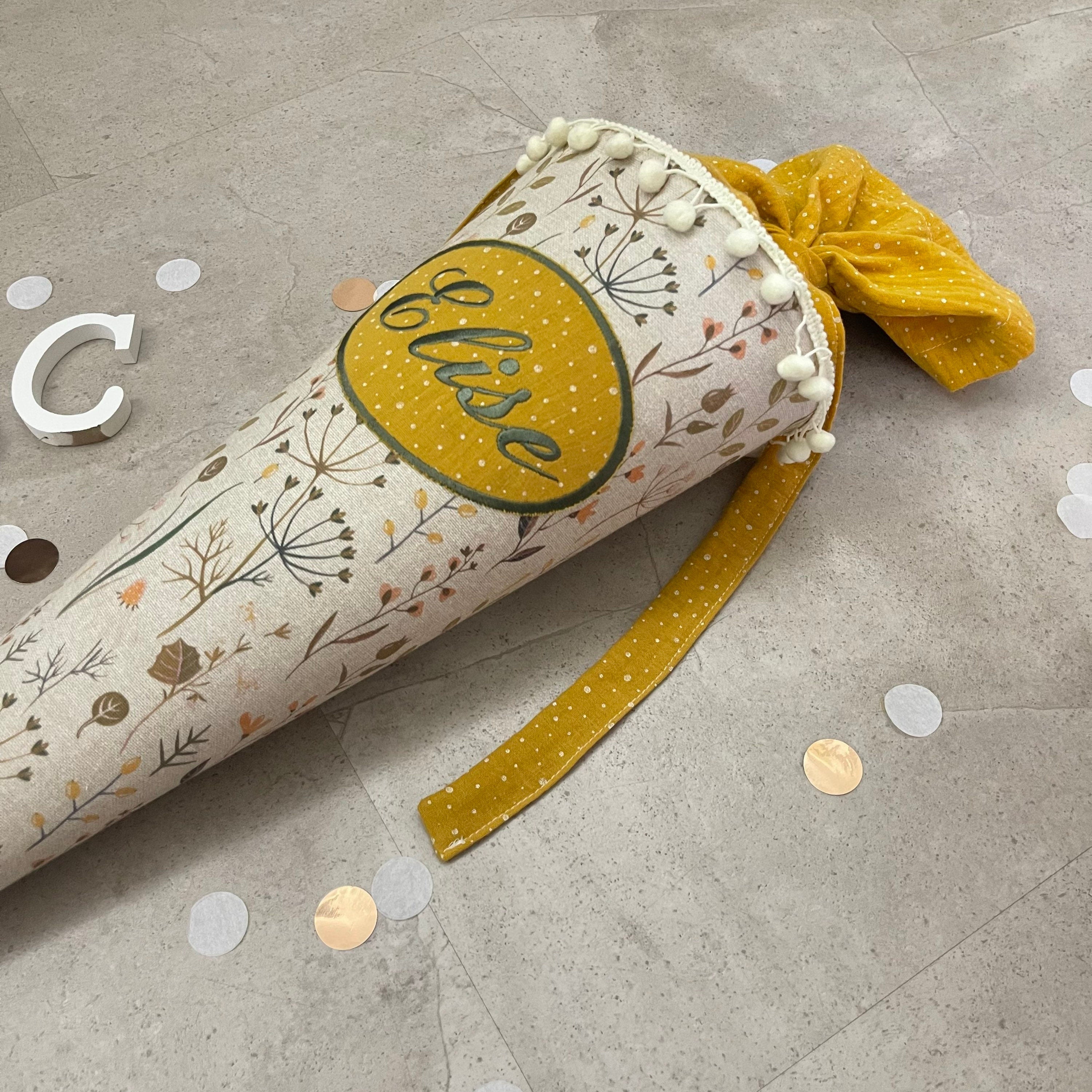 Schultüte Zuckertüte Einschulung Groß 70cm Handmade / Natur Blumen mit Ovalem Kreis