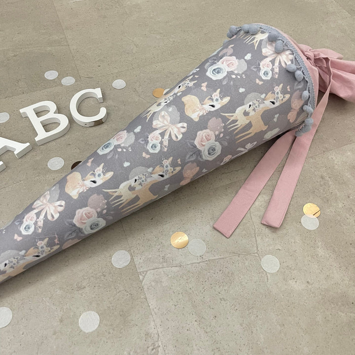 Schultüte Zuckertüte Einschulung Groß 70cm Handmade / Rehe grau