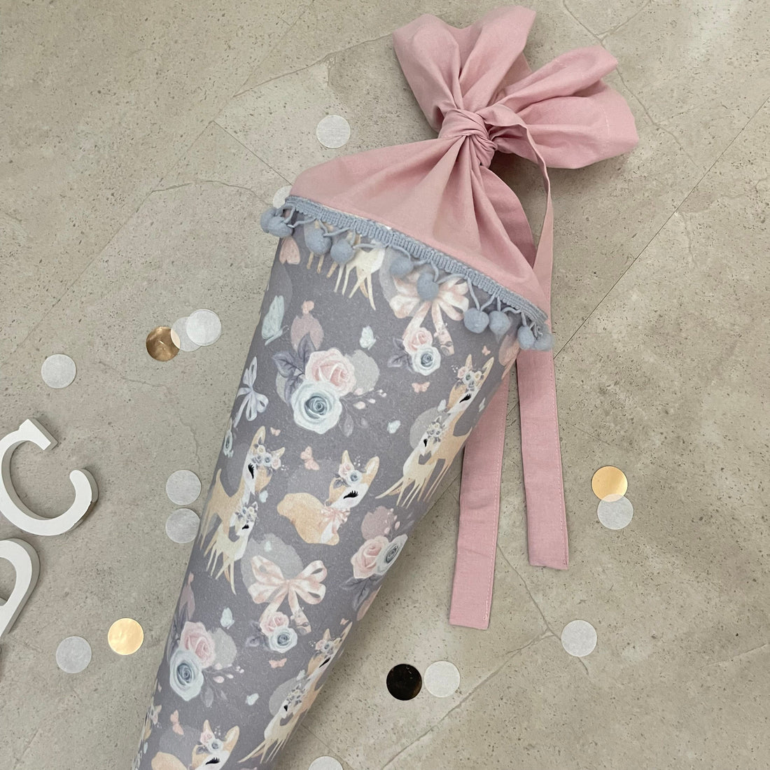 Schultüte Zuckertüte Einschulung Groß 70cm Handmade / Rehe grau