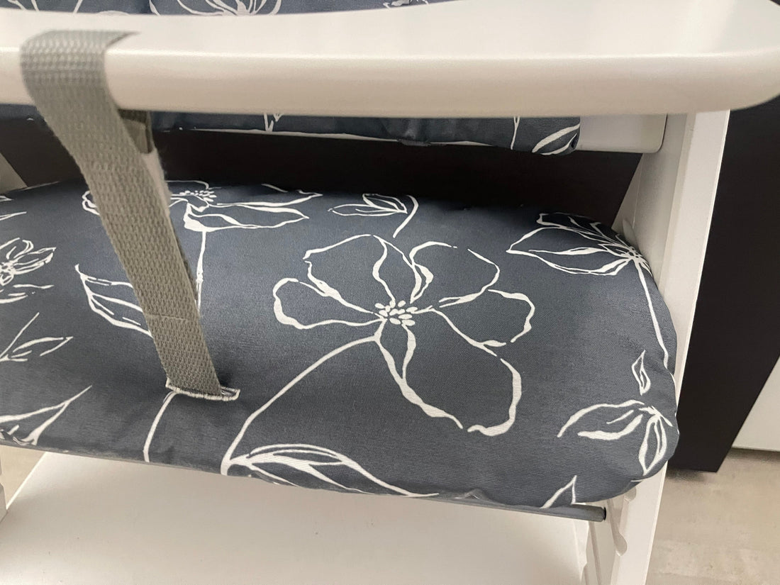 Abwaschbares Sitzkissen Kissenset für Hauck Alpha, Tray, Beta Hochstuhl - Grau Blumen