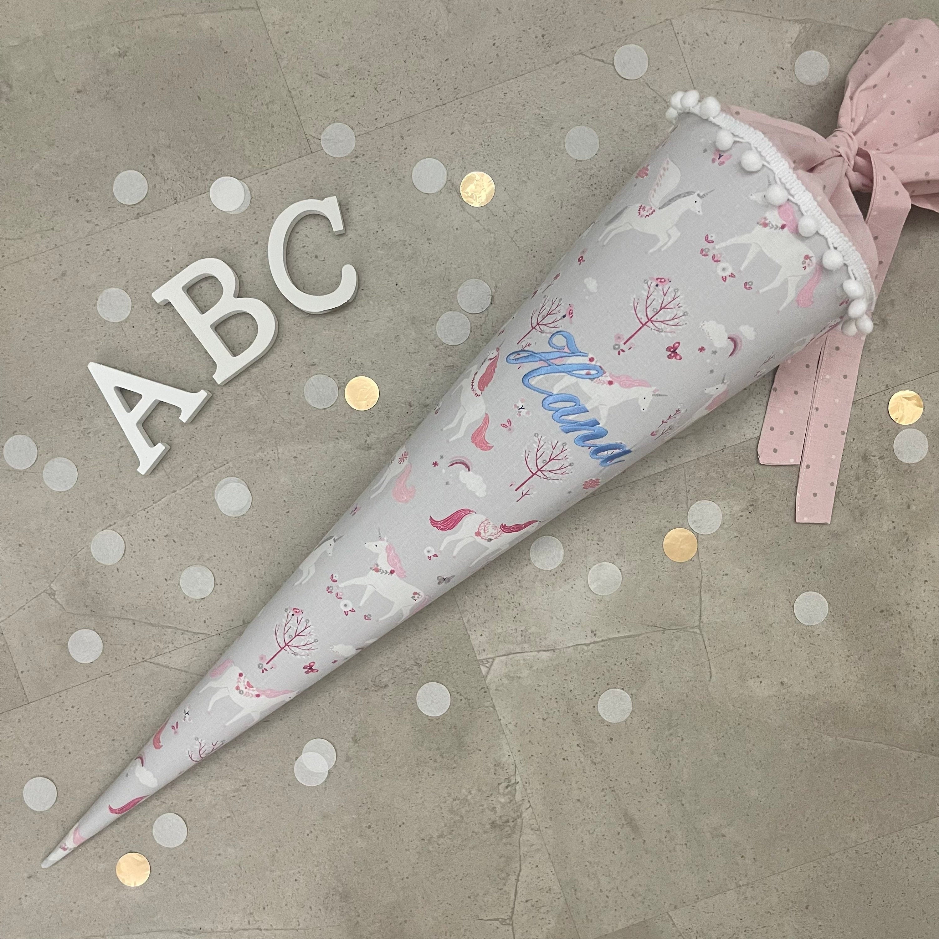 Schultüte Stoff Zuckertüte Einschulung 70cm Handmade Einhorn/Grau