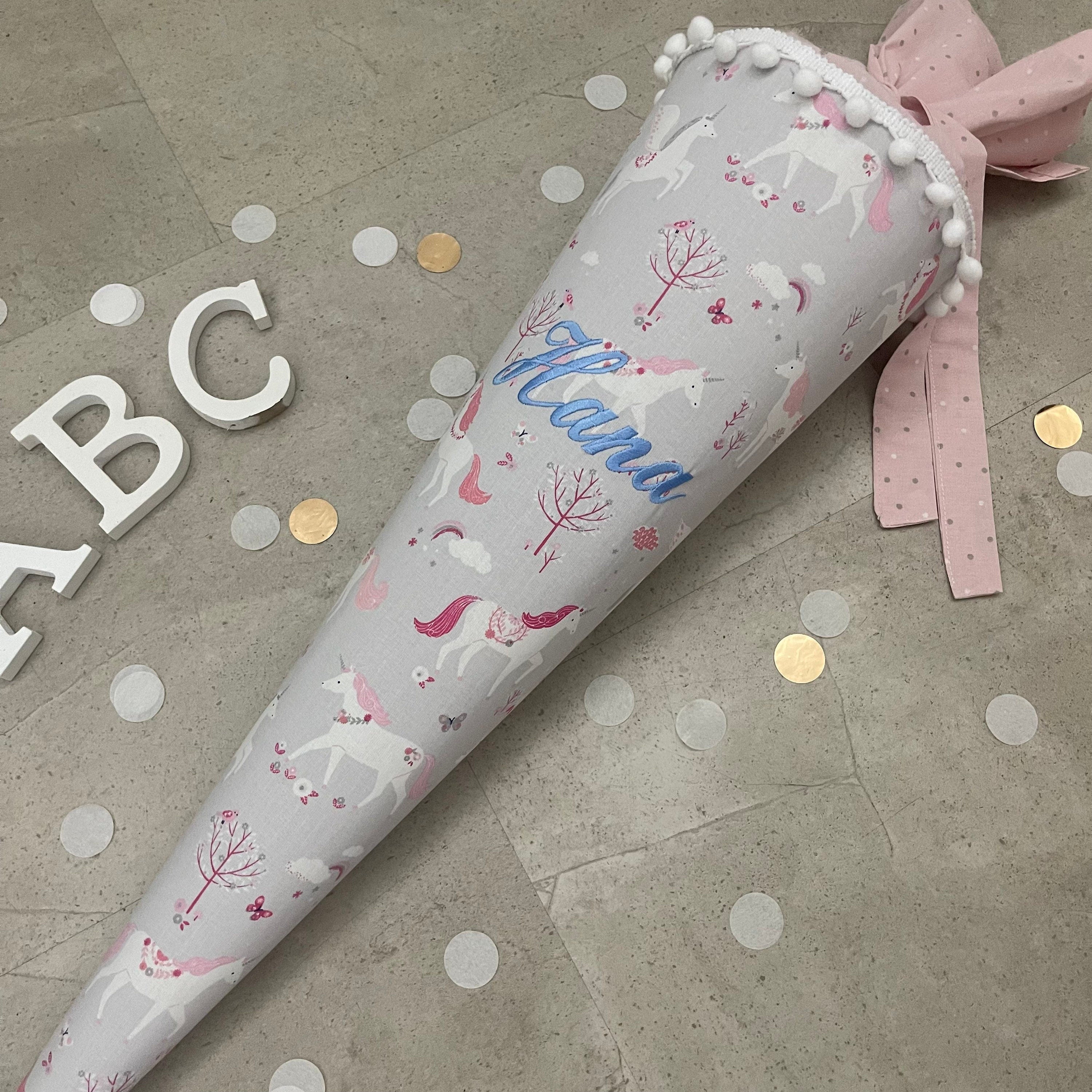 Schultüte Stoff Zuckertüte Einschulung 70cm Handmade Einhorn/Grau