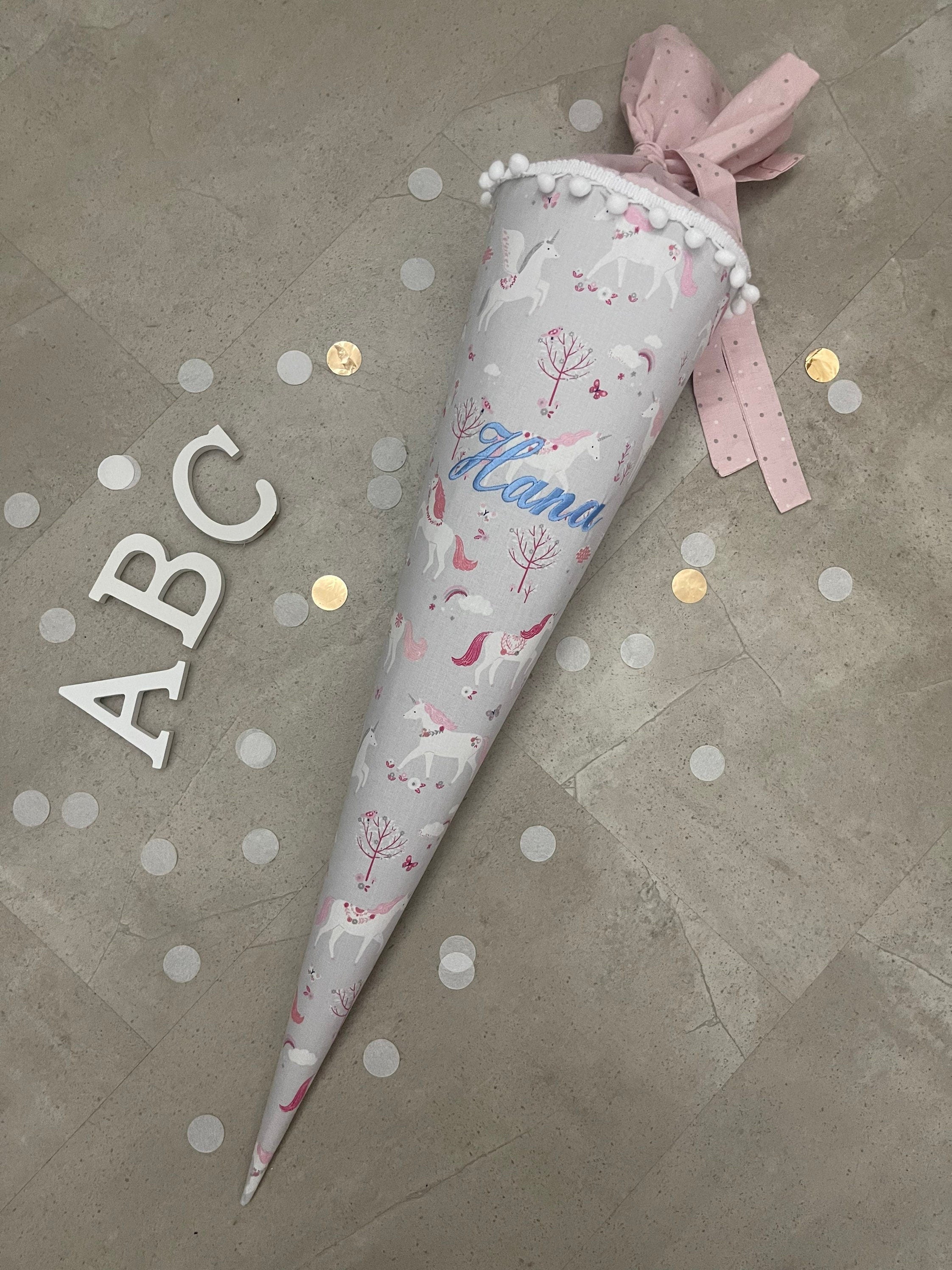 Schultüte Stoff Zuckertüte Einschulung 70cm Handmade Einhorn/Grau