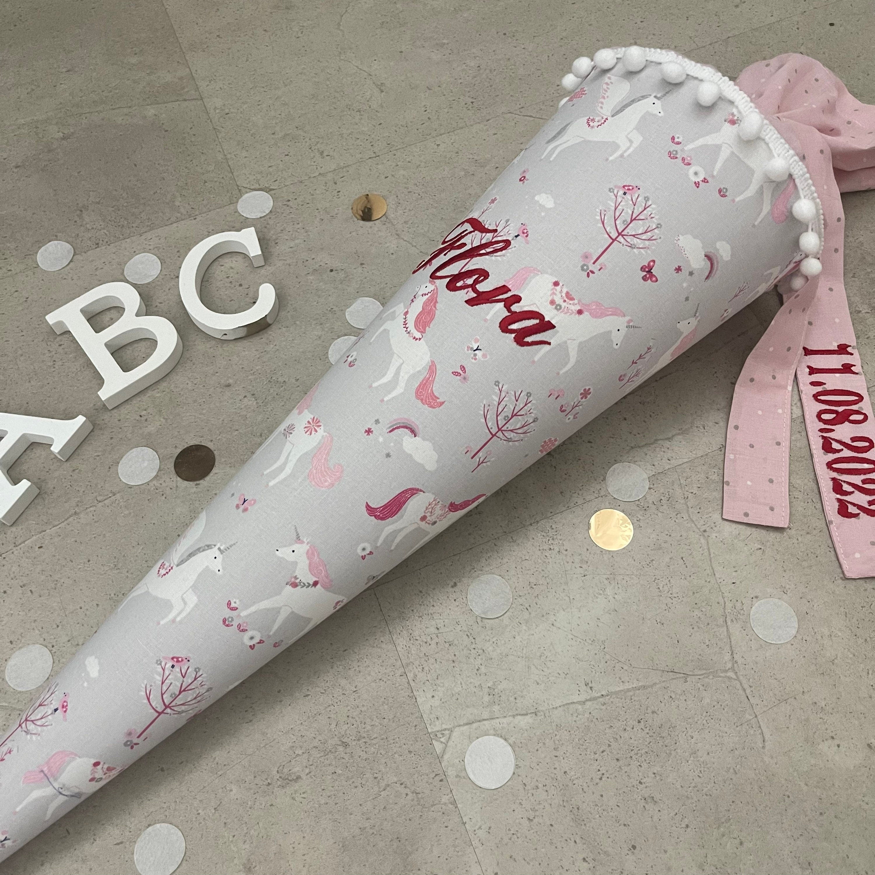 Schultüte Stoff Zuckertüte Einschulung 70cm Handmade Einhorn/Grau