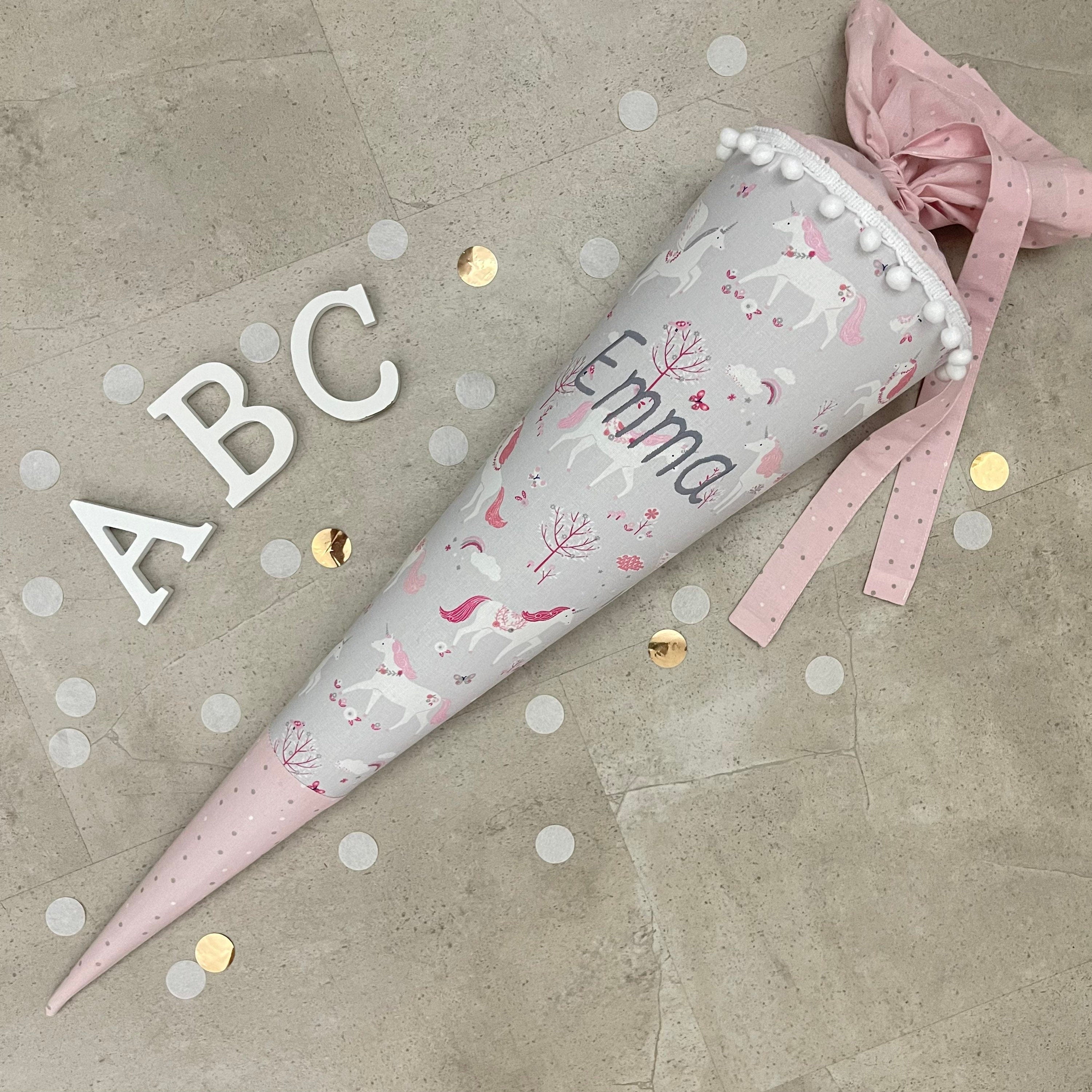 Schultüte Stoff Zuckertüte Einschulung 70cm Handmade Einhorn/Grau mit Spitze