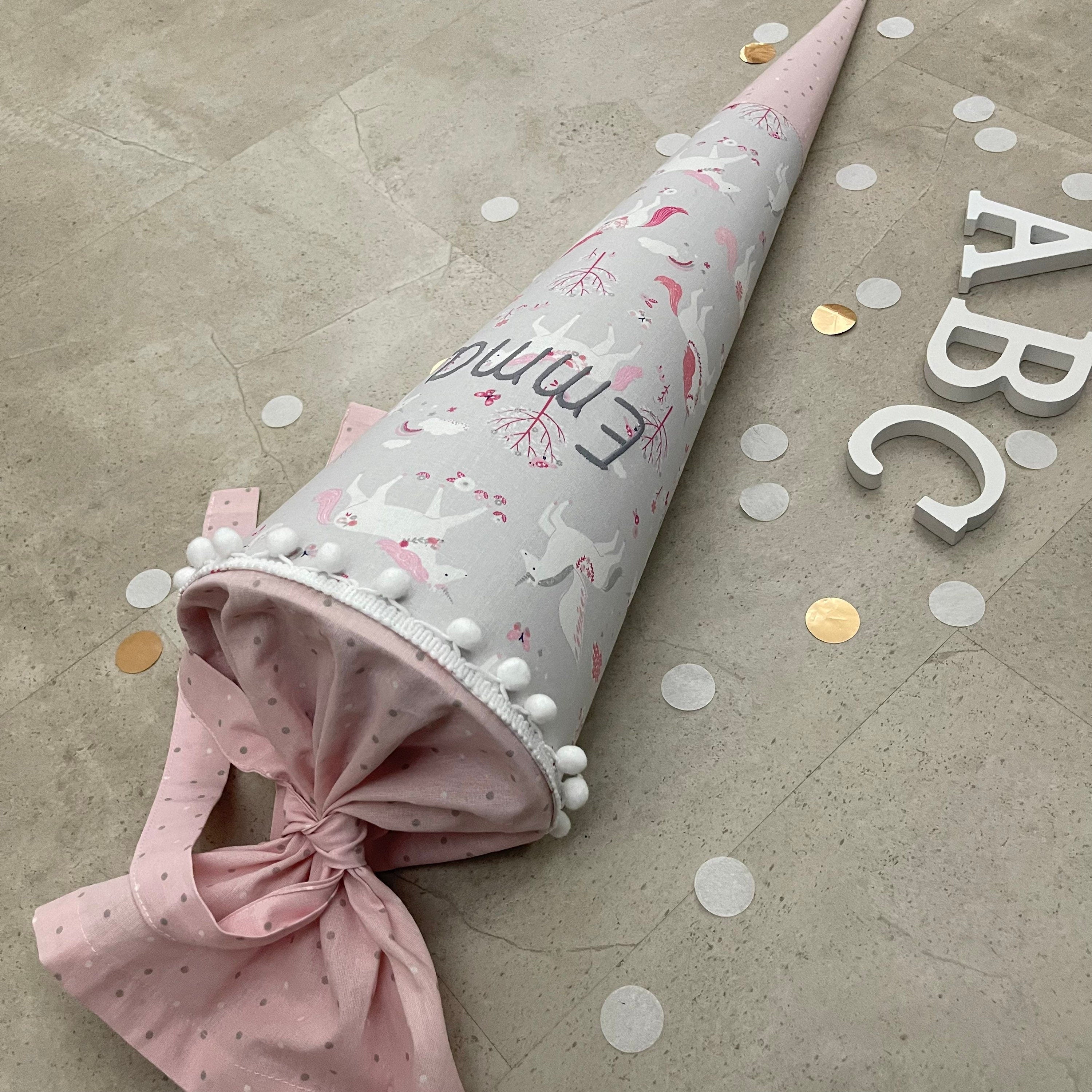 Schultüte Stoff Zuckertüte Einschulung 70cm Handmade Einhorn/Grau mit Spitze