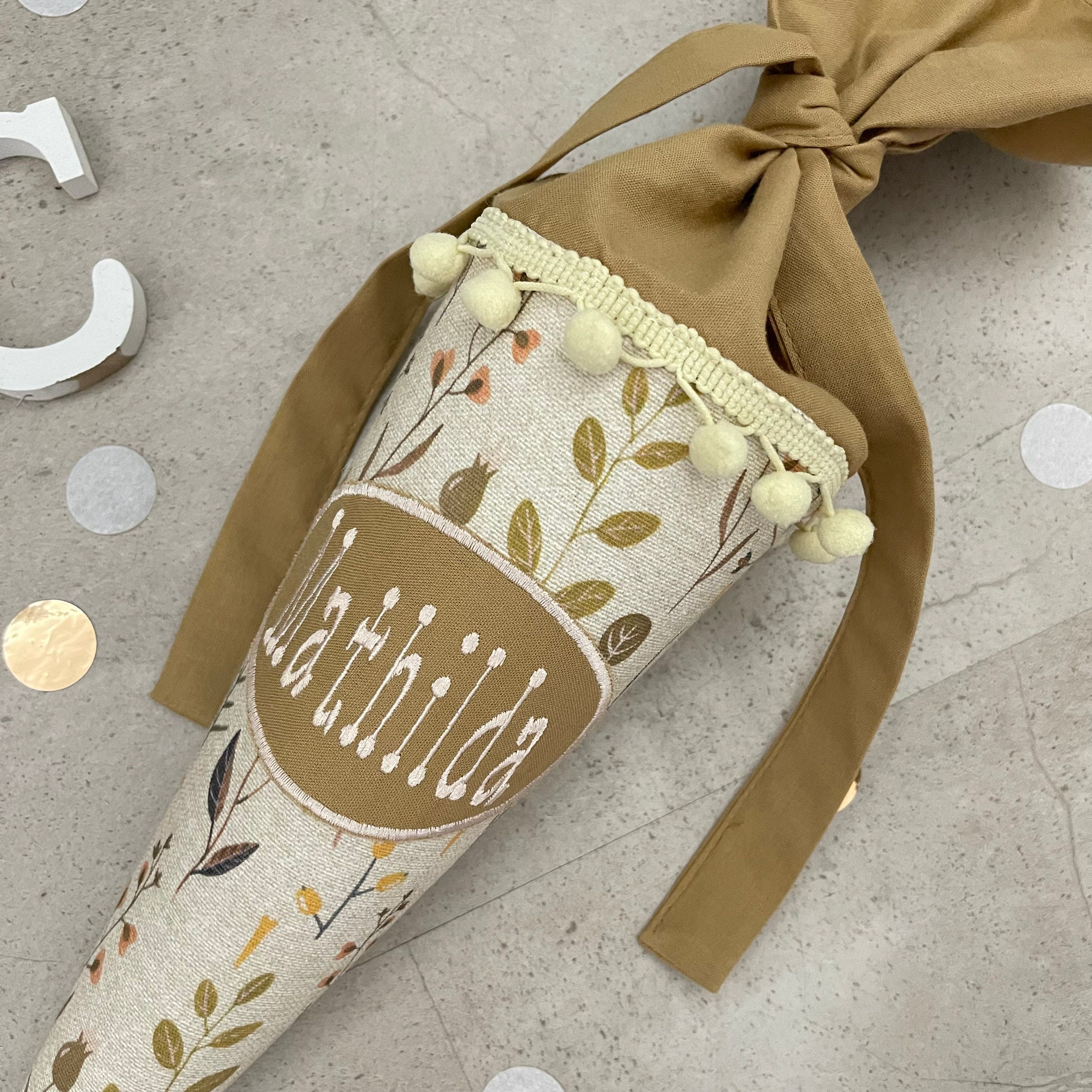 Geschwisterschultüte klein Zuckertüte Einschulung 35cm Handmade / Natur Blumen mit ovalen Kreis