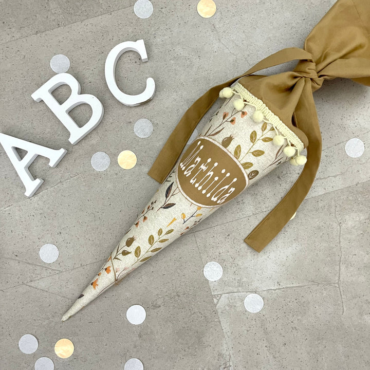 Geschwisterschultüte klein Zuckertüte Einschulung 35cm Handmade / Natur Blumen mit ovalen Kreis