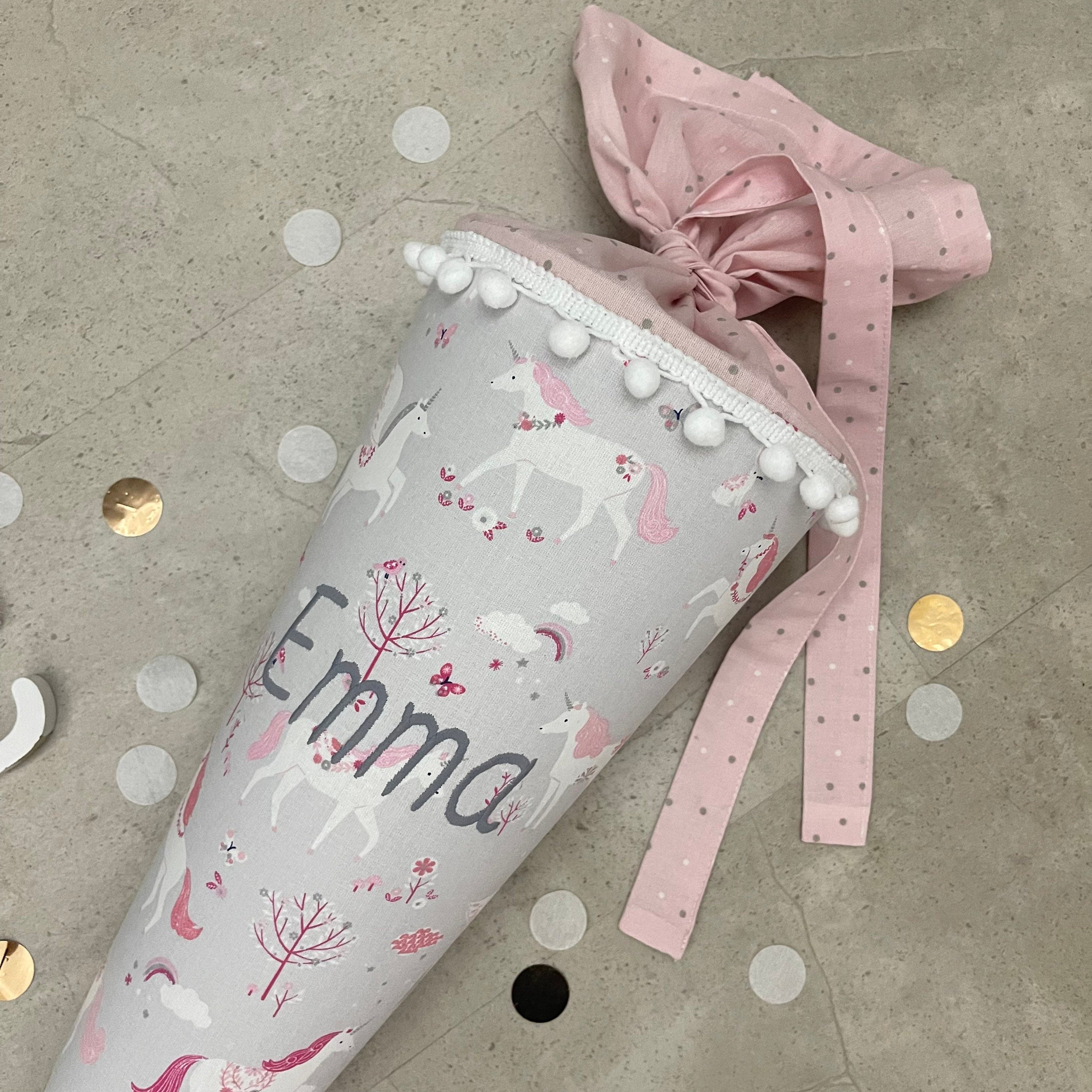 Schultüte Stoff Zuckertüte Einschulung 70cm Handmade Einhorn/Grau mit Spitze