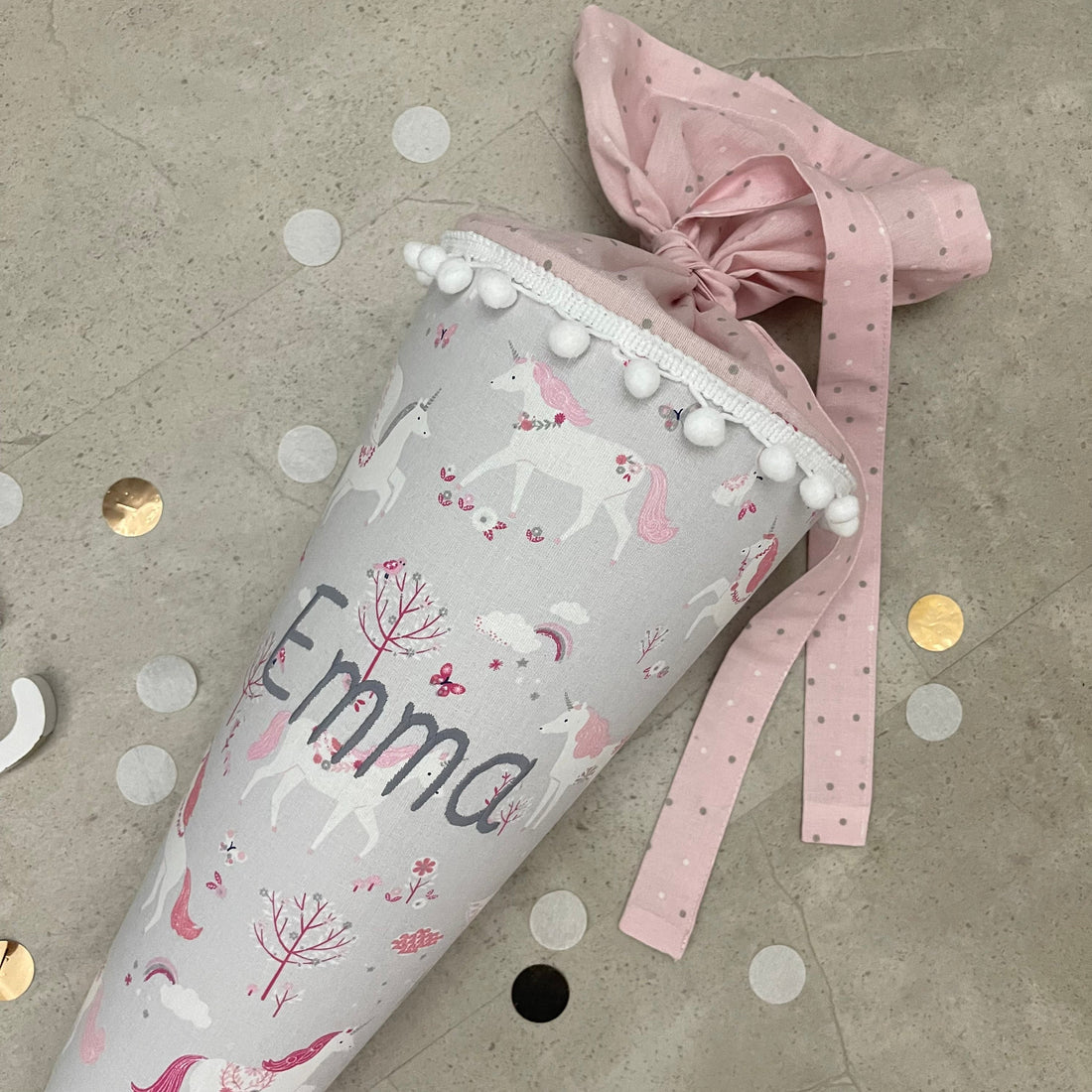 Schultüte Stoff Zuckertüte Einschulung 70cm Handmade Einhorn/Grau mit Spitze