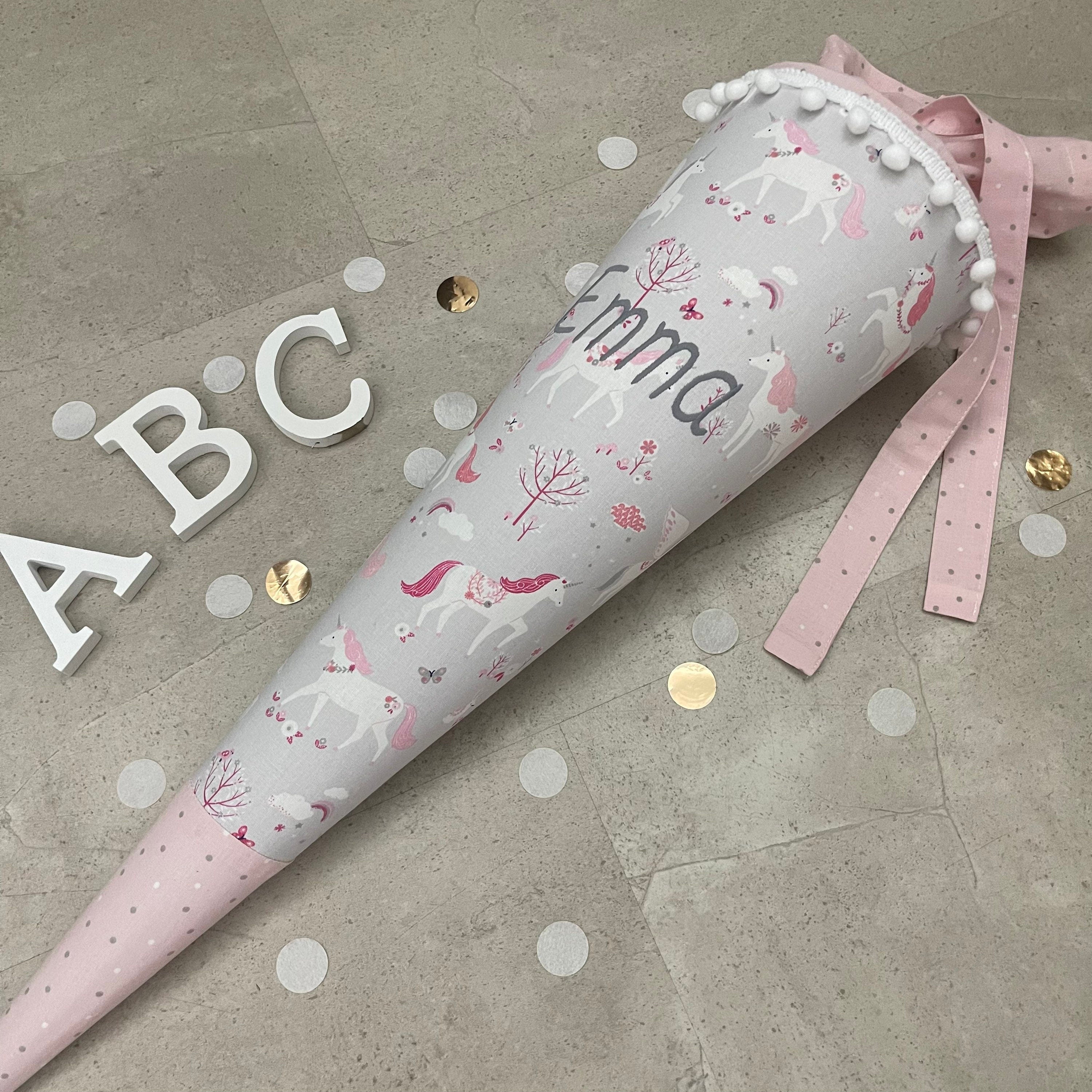 Schultüte Stoff Zuckertüte Einschulung 70cm Handmade Einhorn/Grau mit Spitze