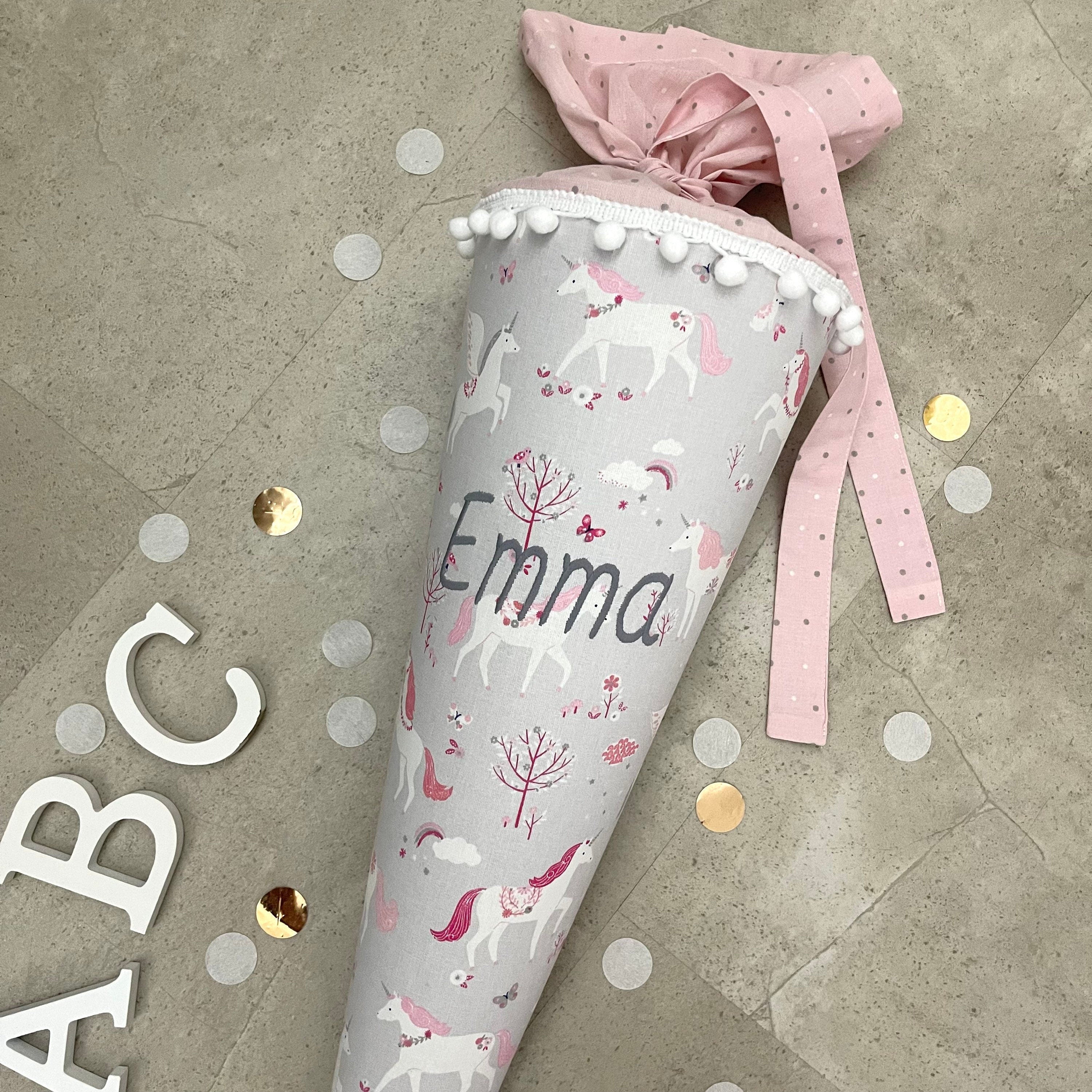 Schultüte Stoff Zuckertüte Einschulung 70cm Handmade Einhorn/Grau mit Spitze