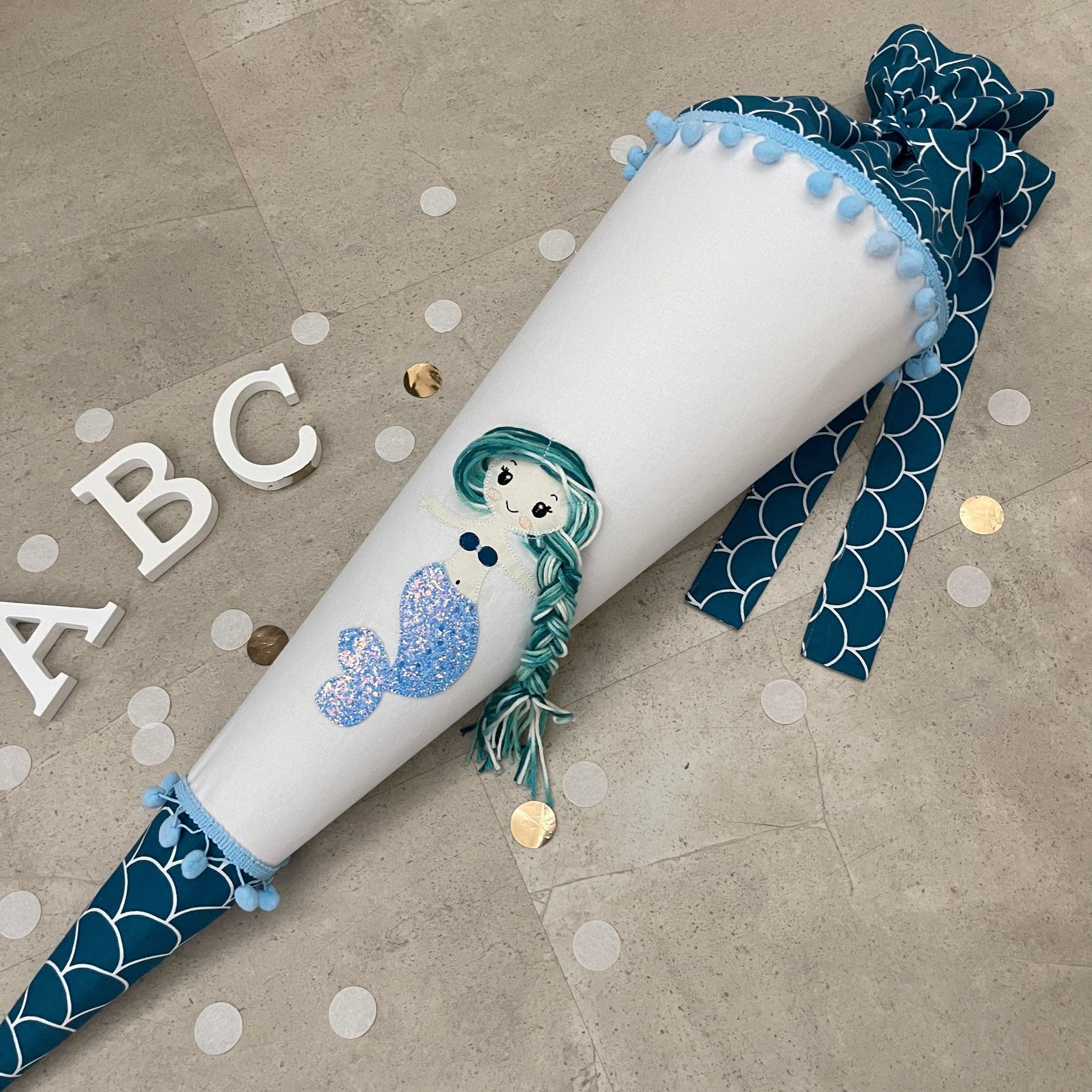 Schultüte Stoff Zuckertüte Einschulung 70cm Handmade - Meerjungfrau blau