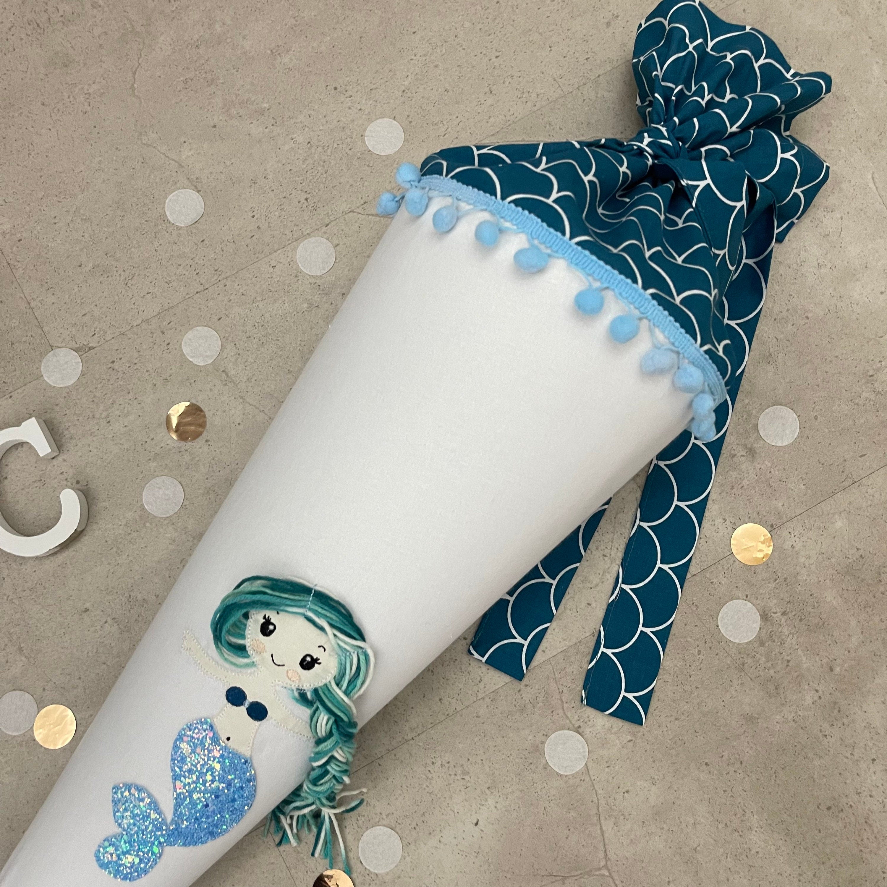 Schultüte Stoff Zuckertüte Einschulung 70cm Handmade - Meerjungfrau blau