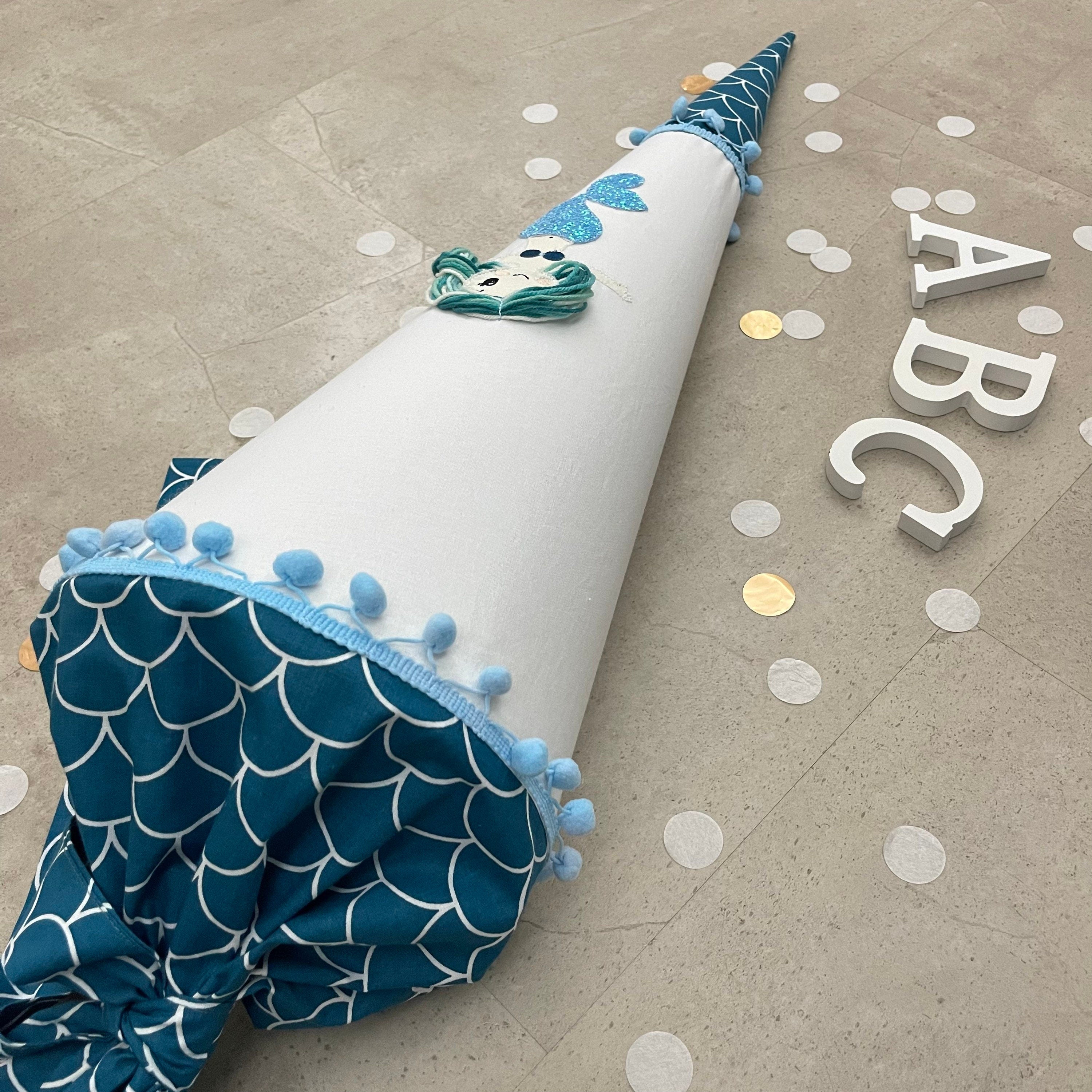 Schultüte Stoff Zuckertüte Einschulung 70cm Handmade - Meerjungfrau blau