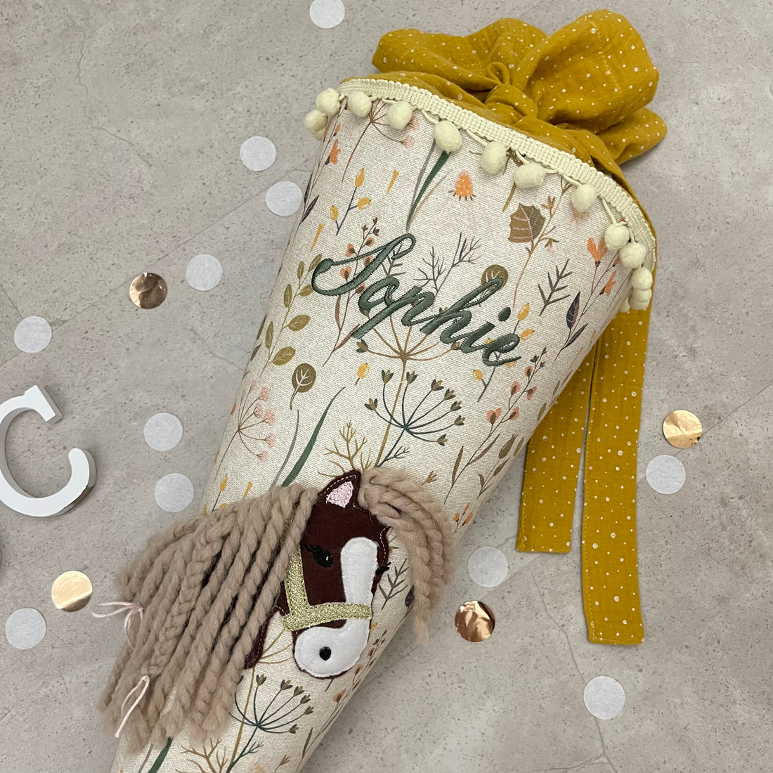 Schultüte Stoff Zuckertüte Einschulung 70cm Handmade - Pferd Stoff Blumen