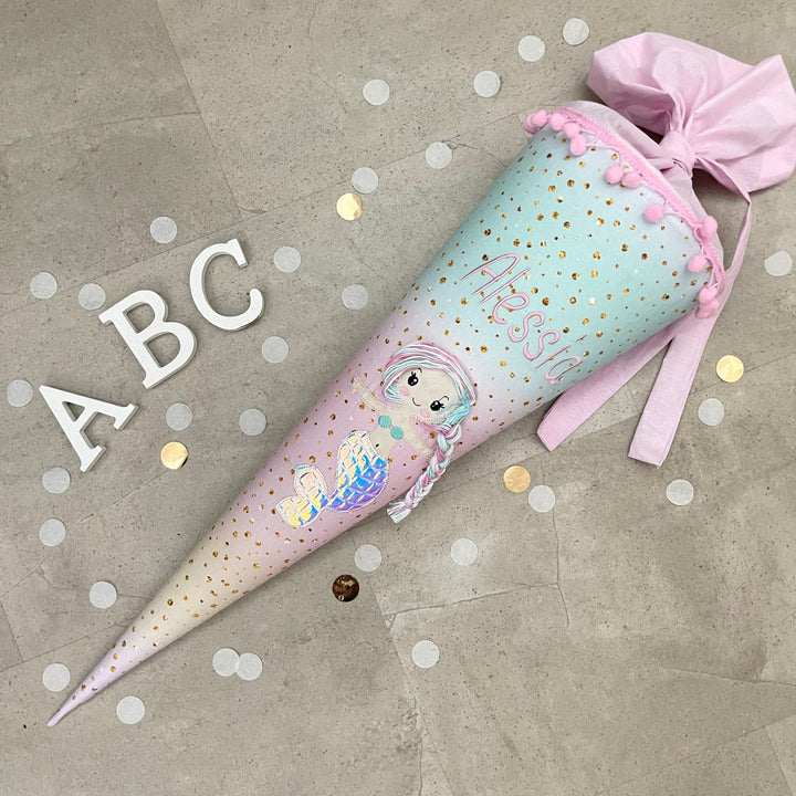 85cm Schultüte Stoff Zuckertüte Einschulung Handmade - Meerjungfrau multicolor