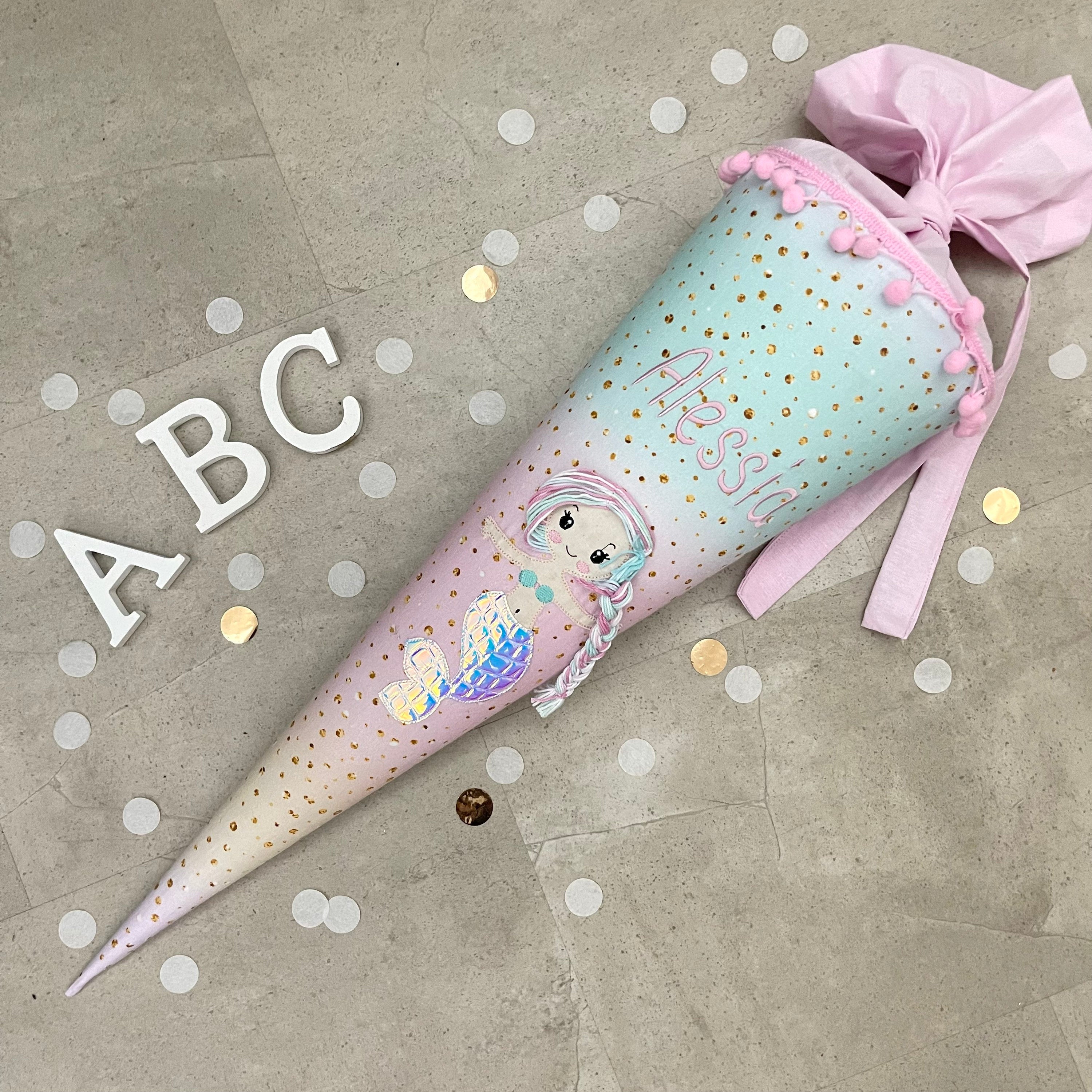 Schultüte Stoff Zuckertüte Einschulung 70cm Handmade - Meerjungfrau multicolor