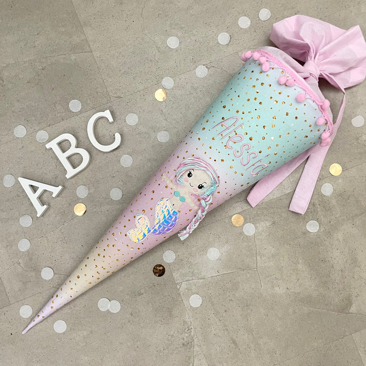 Schultüte Stoff Zuckertüte Einschulung 70cm Handmade - Meerjungfrau multicolor