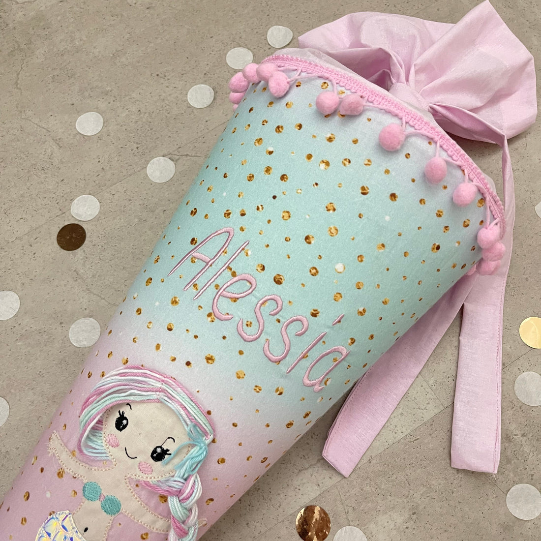Schultüte Stoff Zuckertüte Einschulung 70cm Handmade - Meerjungfrau multicolor