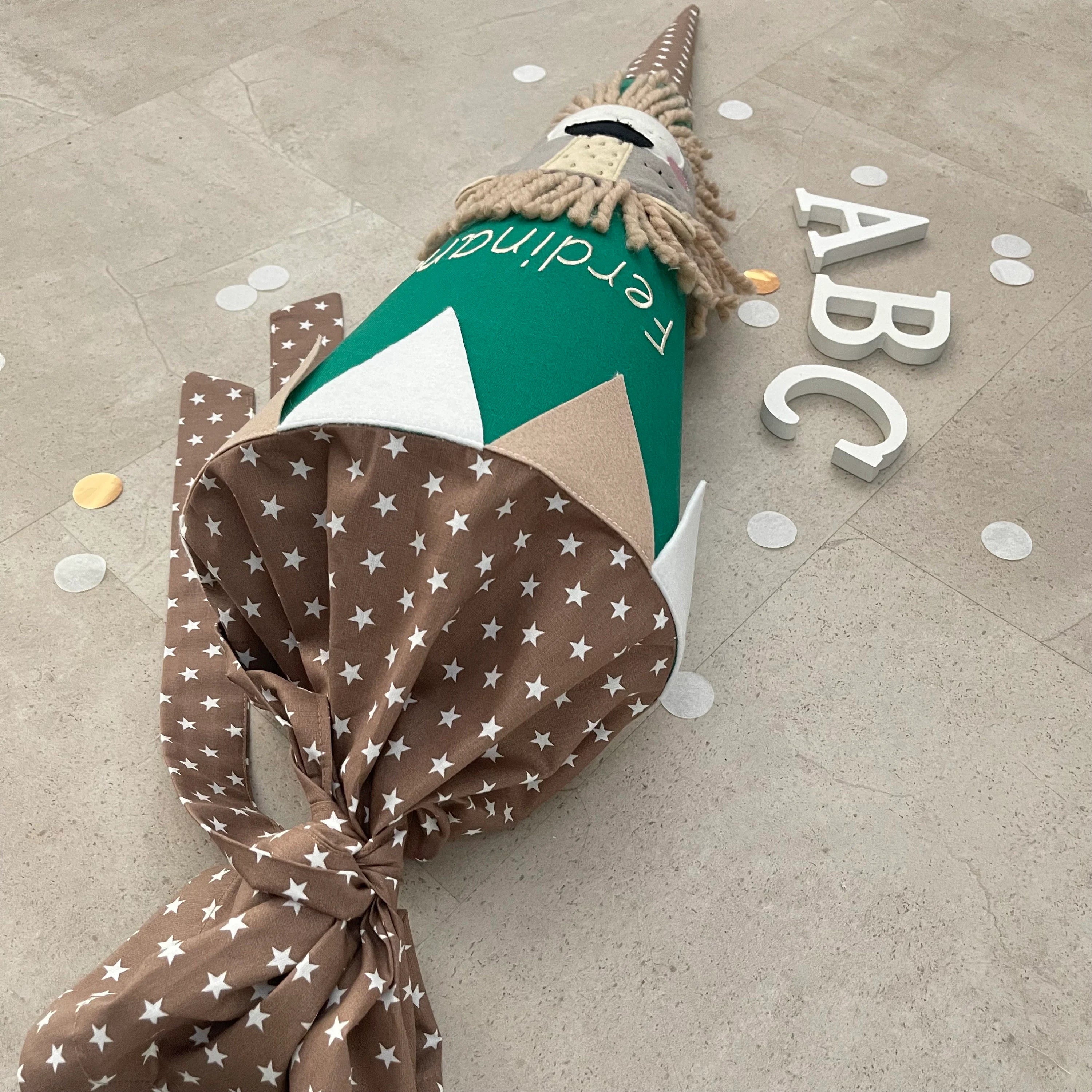 Schultüte Stoff Zuckertüte Einschulung 70cm Handmade - Löwe grün