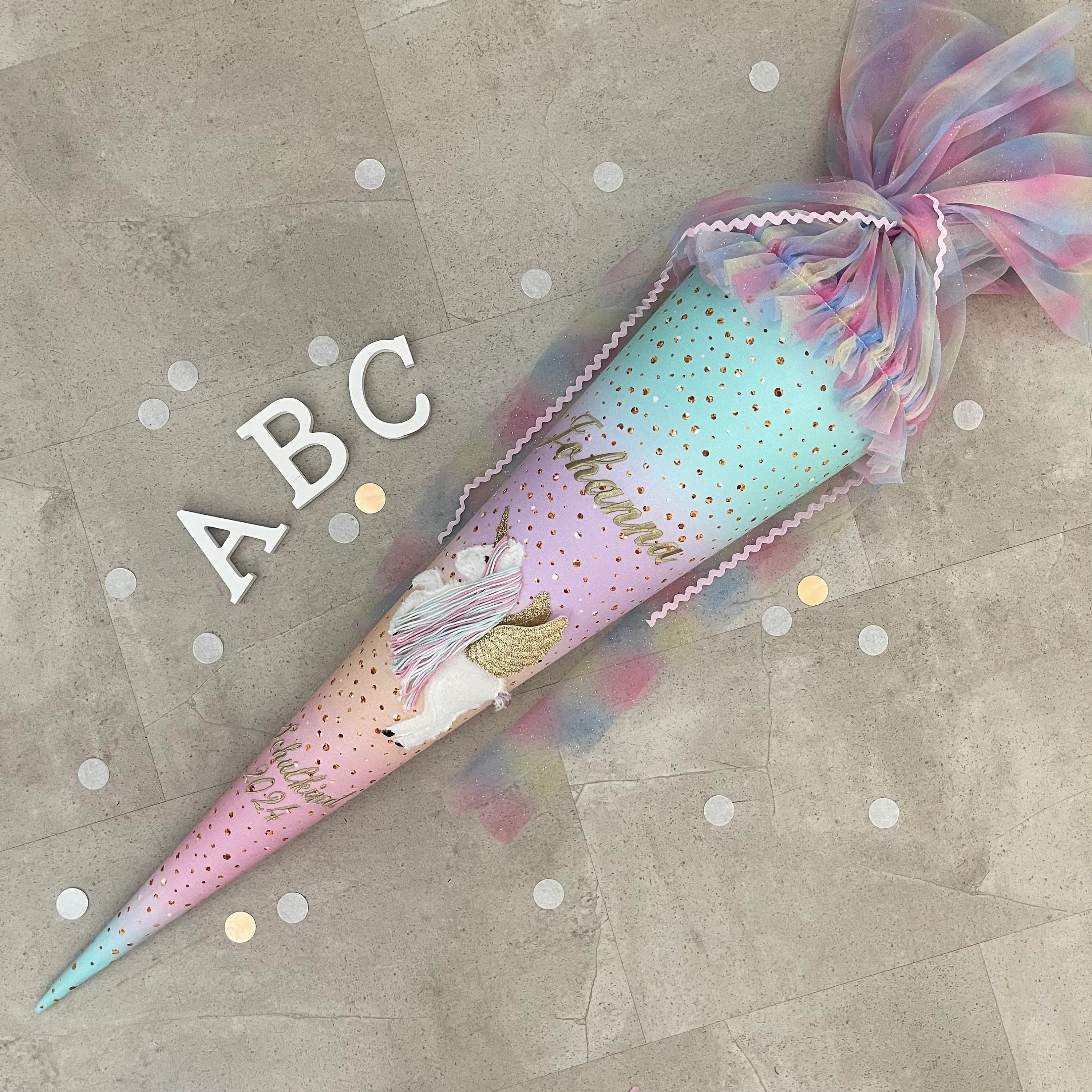 70cm Schultüte Stoff Zuckertüte Einschulung Handmade - Steigendes Einhorn mit Tüll Verschluss