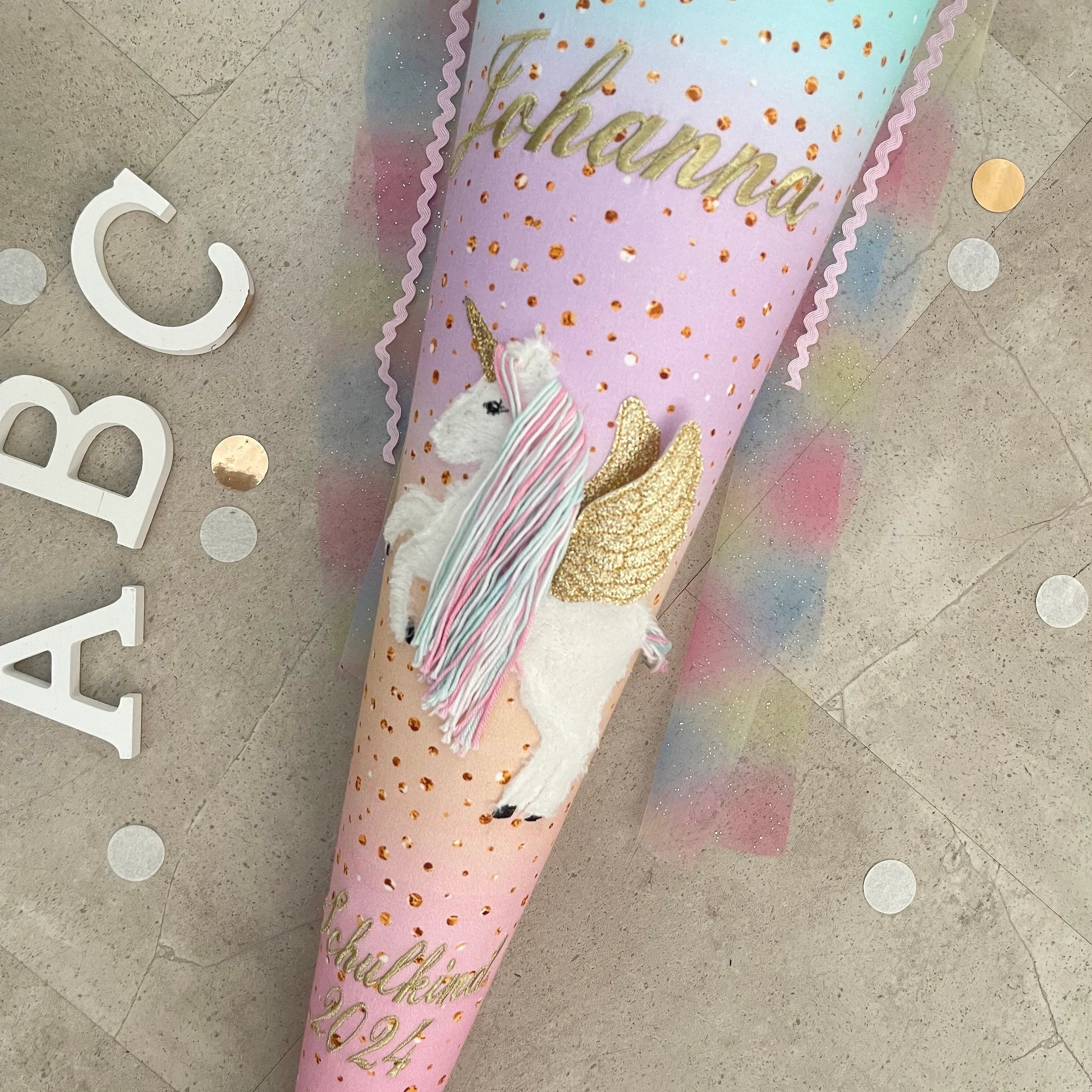 70cm Schultüte Stoff Zuckertüte Einschulung Handmade - Steigendes Einhorn mit Tüll Verschluss