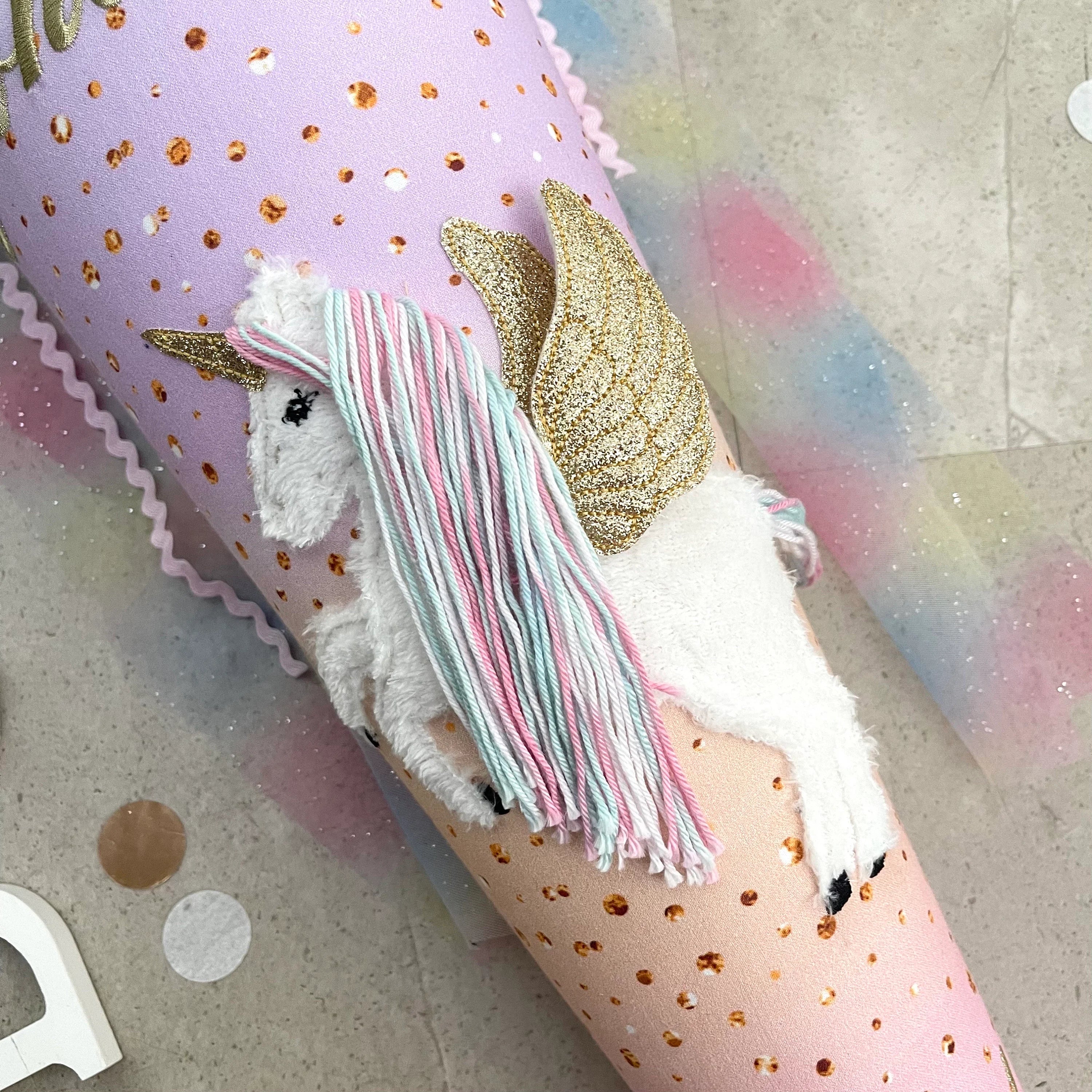 70cm Schultüte Stoff Zuckertüte Einschulung Handmade - Steigendes Einhorn mit Tüll Verschluss
