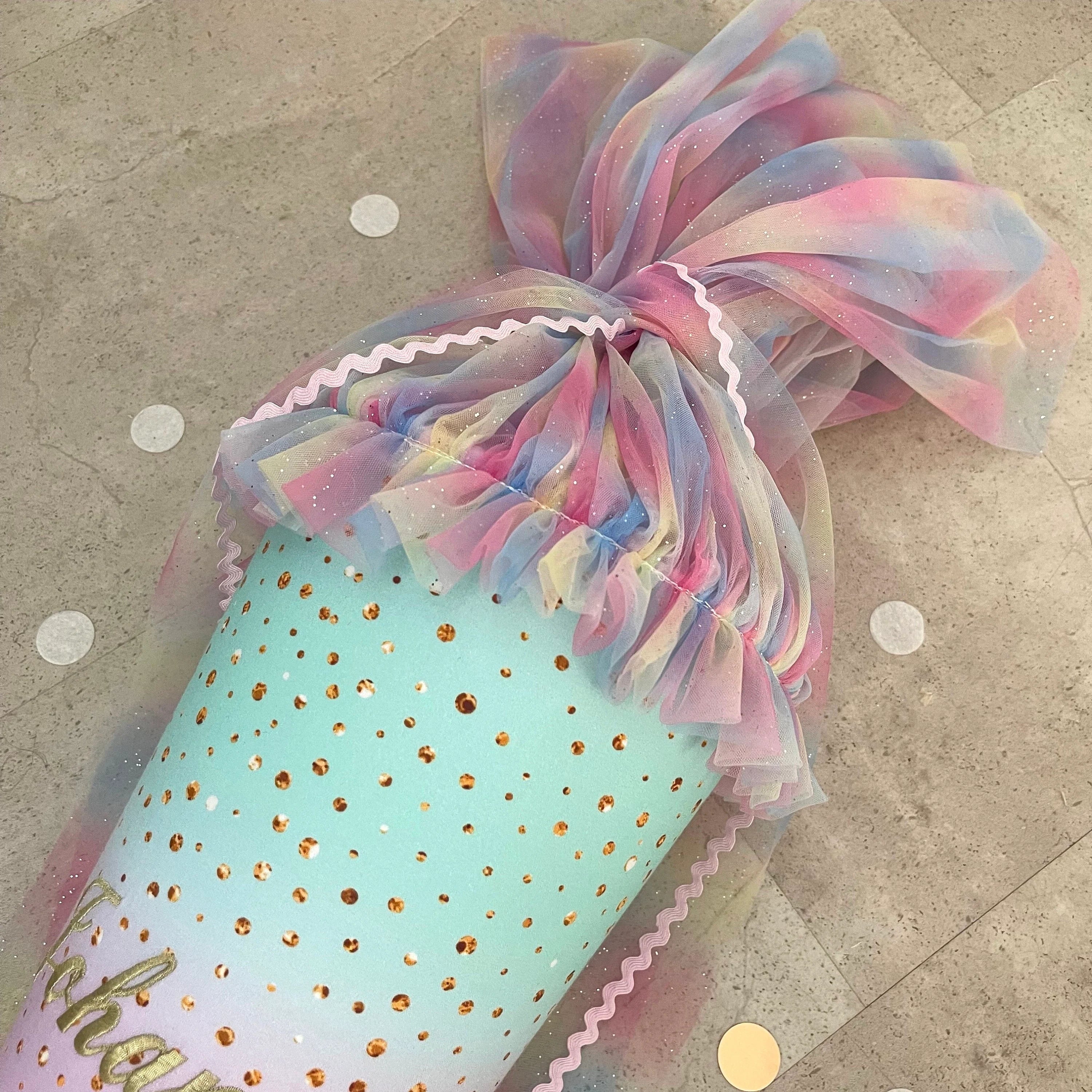 70cm Schultüte Stoff Zuckertüte Einschulung Handmade - Steigendes Einhorn mit Tüll Verschluss