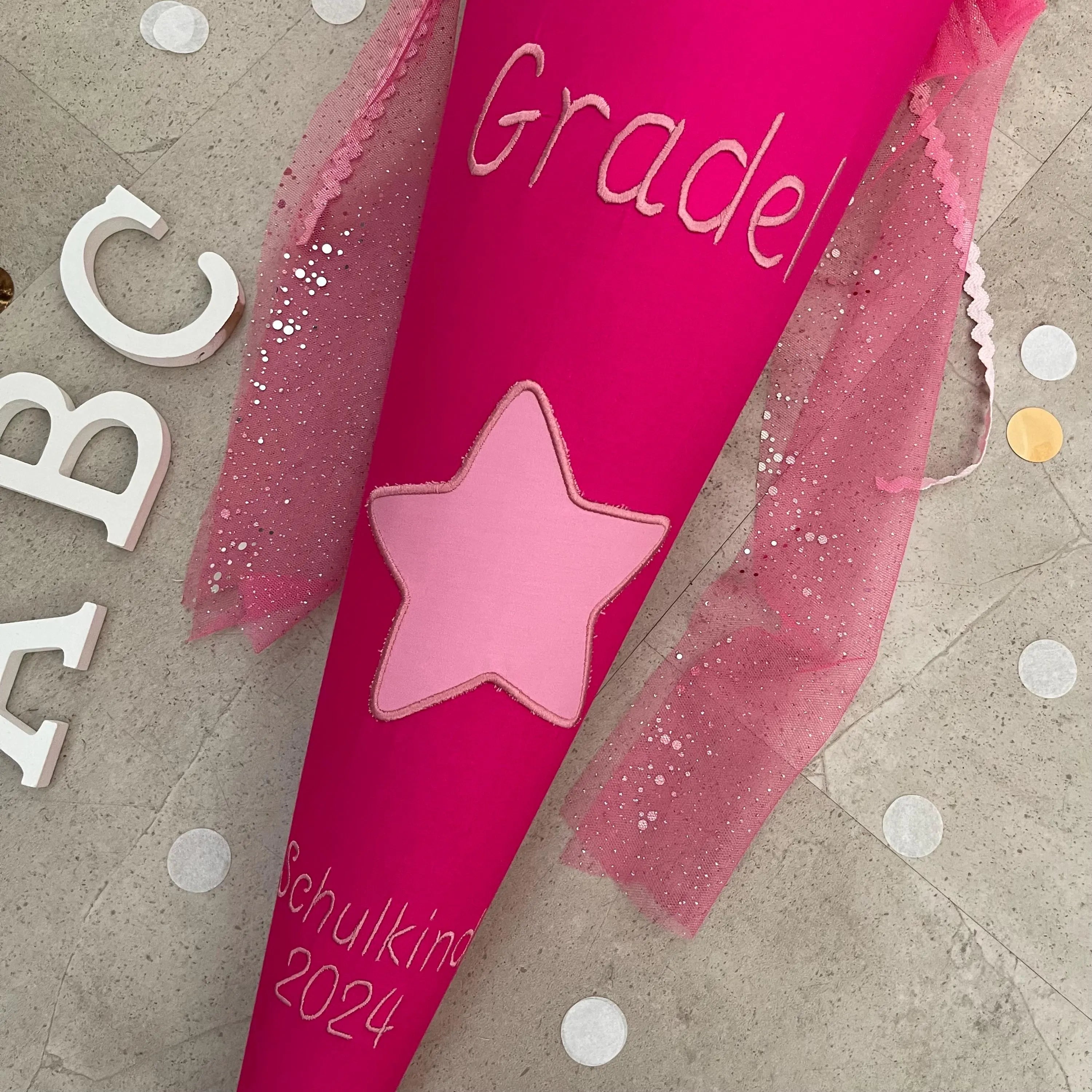 Schultüte Stoff Zuckertüte Einschulung 70cm Handmade - Pink Stern mit Tüllverschluss