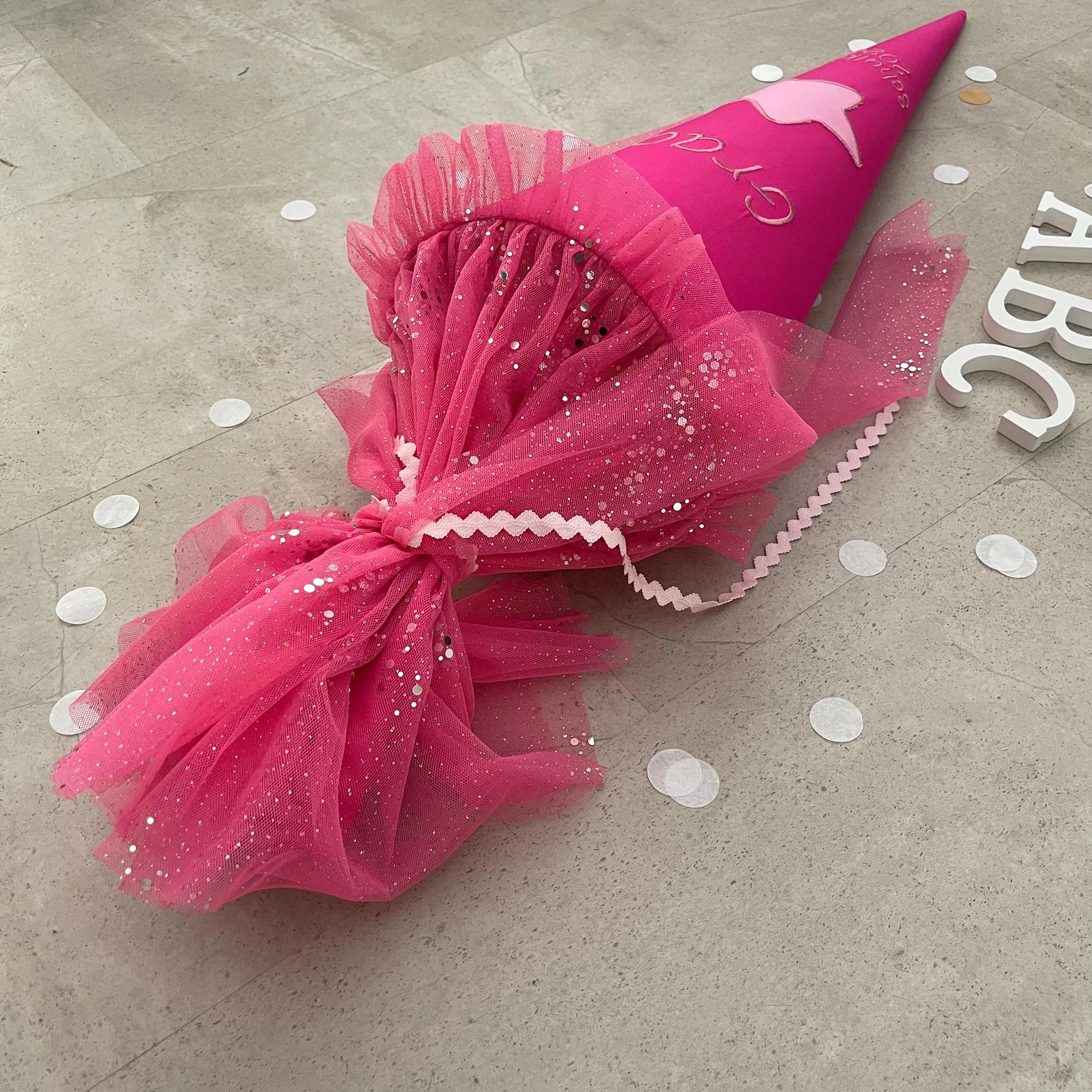 Schultüte Stoff Zuckertüte Einschulung 70cm Handmade - Pink Stern mit Tüllverschluss