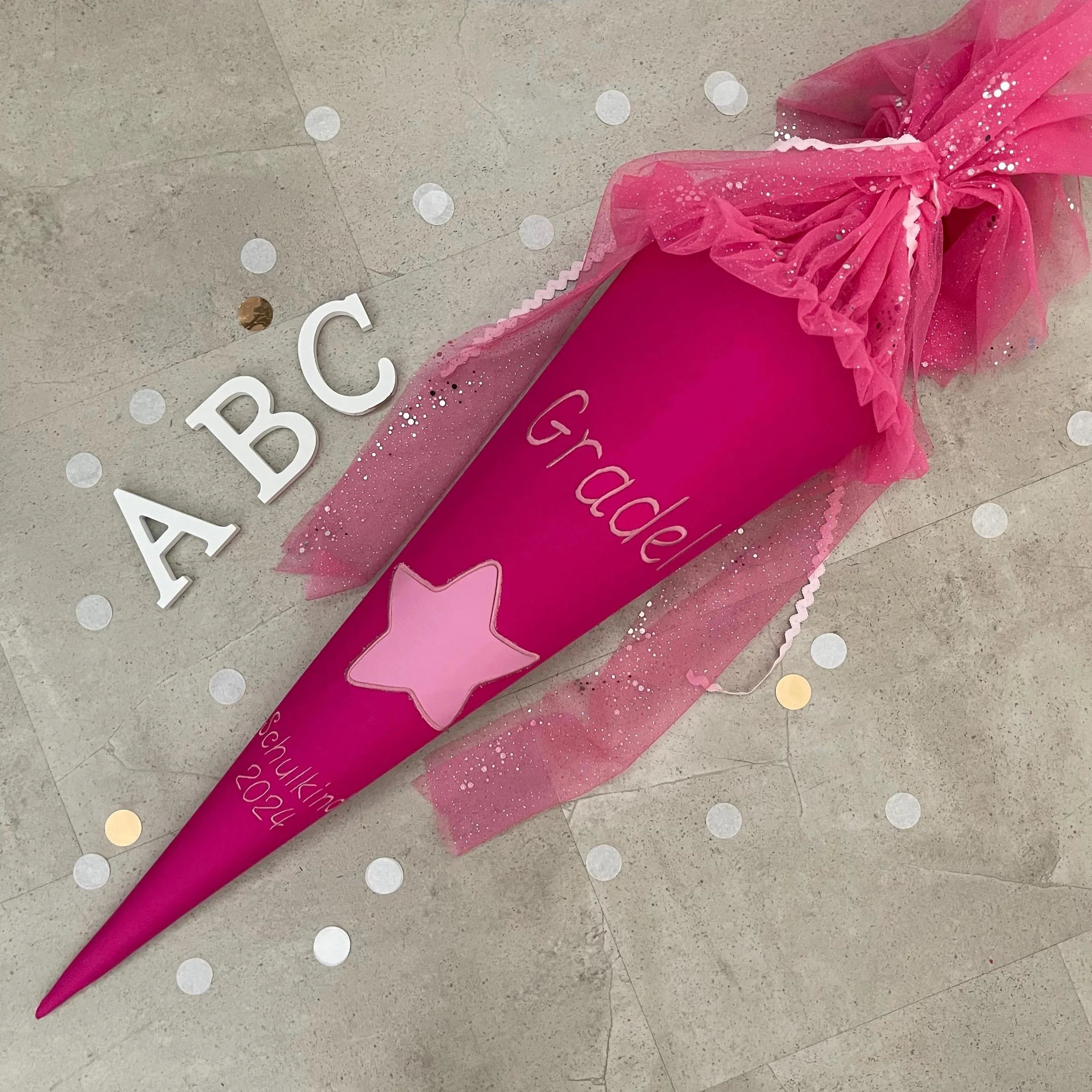 Schultüte Stoff Zuckertüte Einschulung 70cm Handmade - Pink Stern mit Tüllverschluss