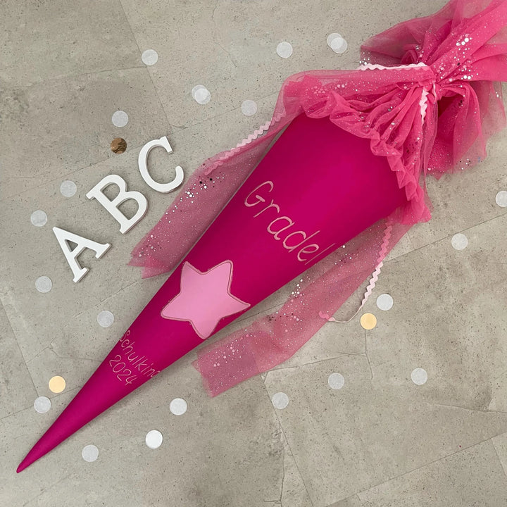 Schultüte Stoff Zuckertüte Einschulung 70cm Handmade - Pink Stern mit Tüllverschluss