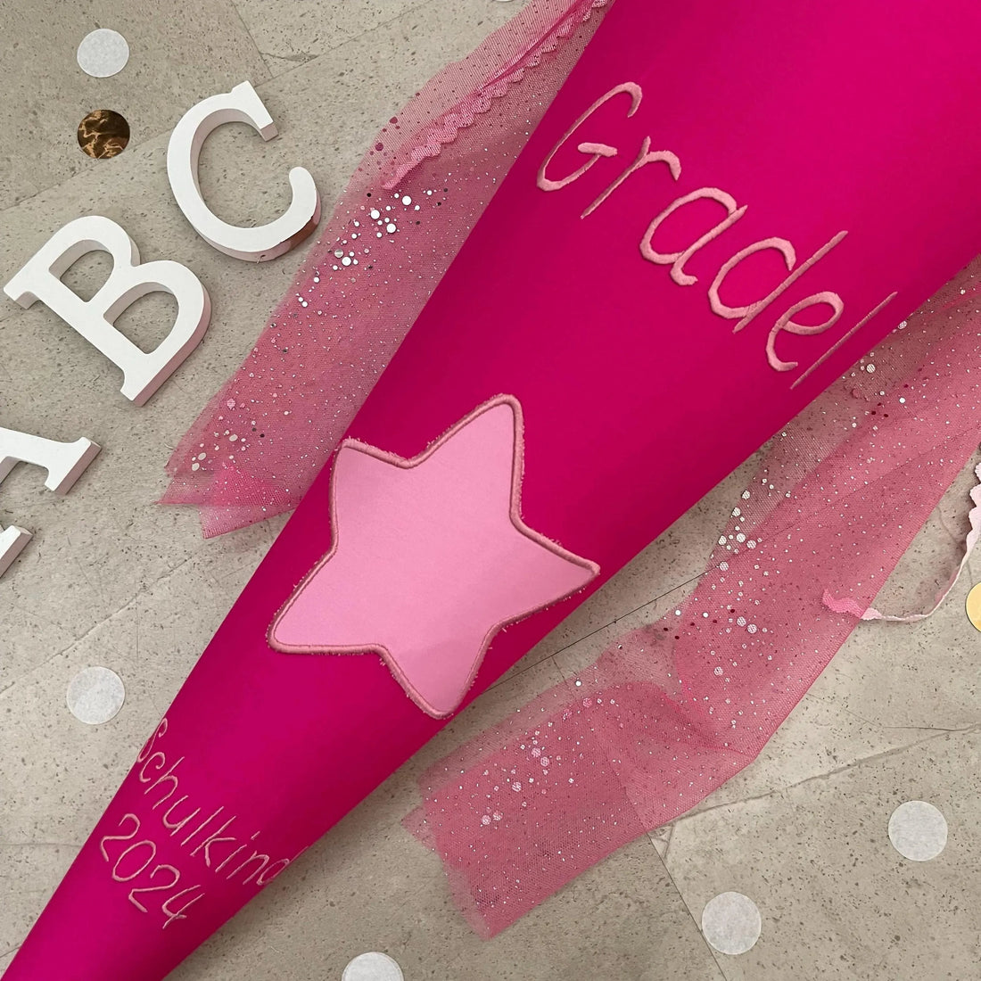 Schultüte Stoff Zuckertüte Einschulung 70cm Handmade - Pink Stern mit Tüllverschluss