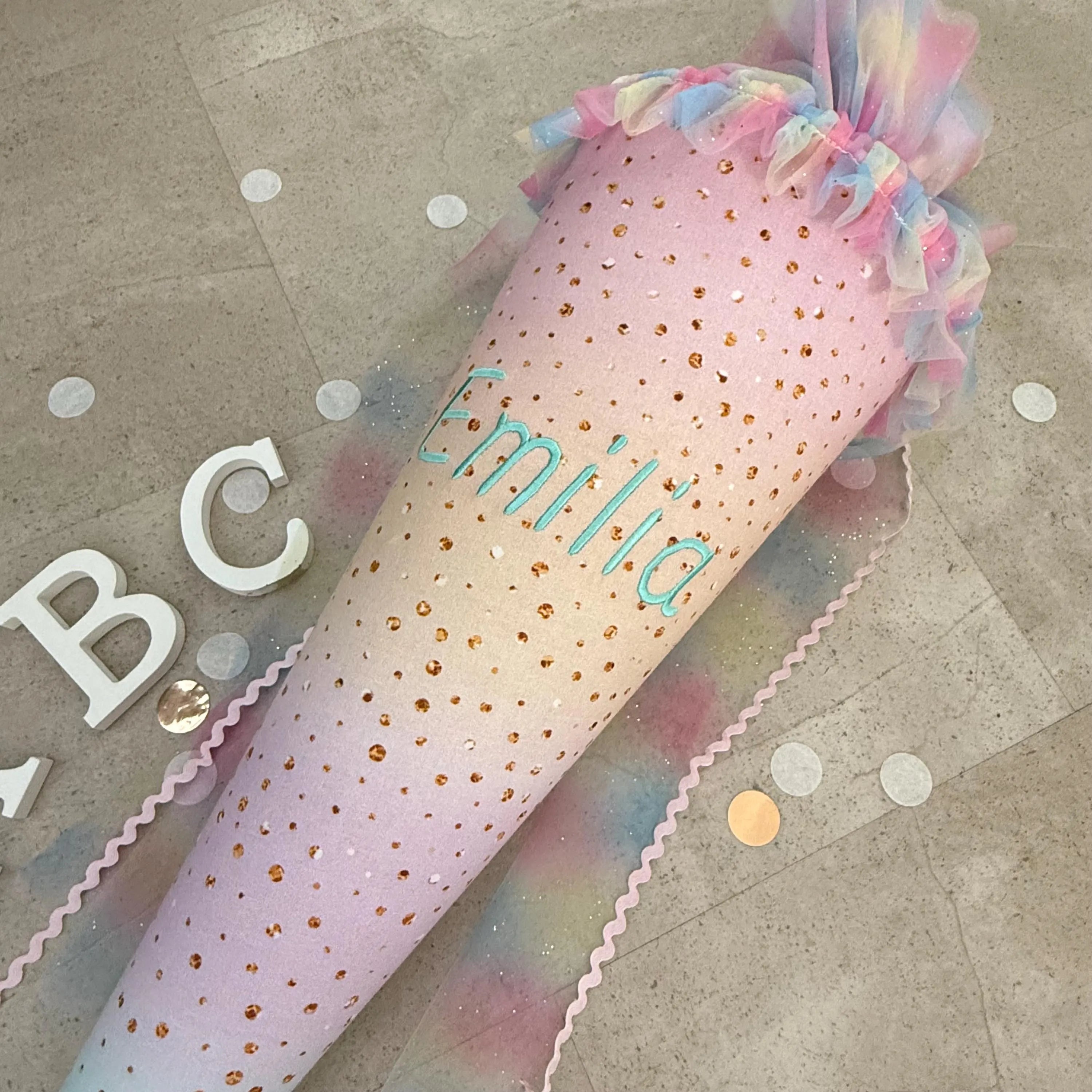 85cm Schultüte Zuckertüte Einschulung Groß  Handmade - Regenbogen Bunt mit Tüll