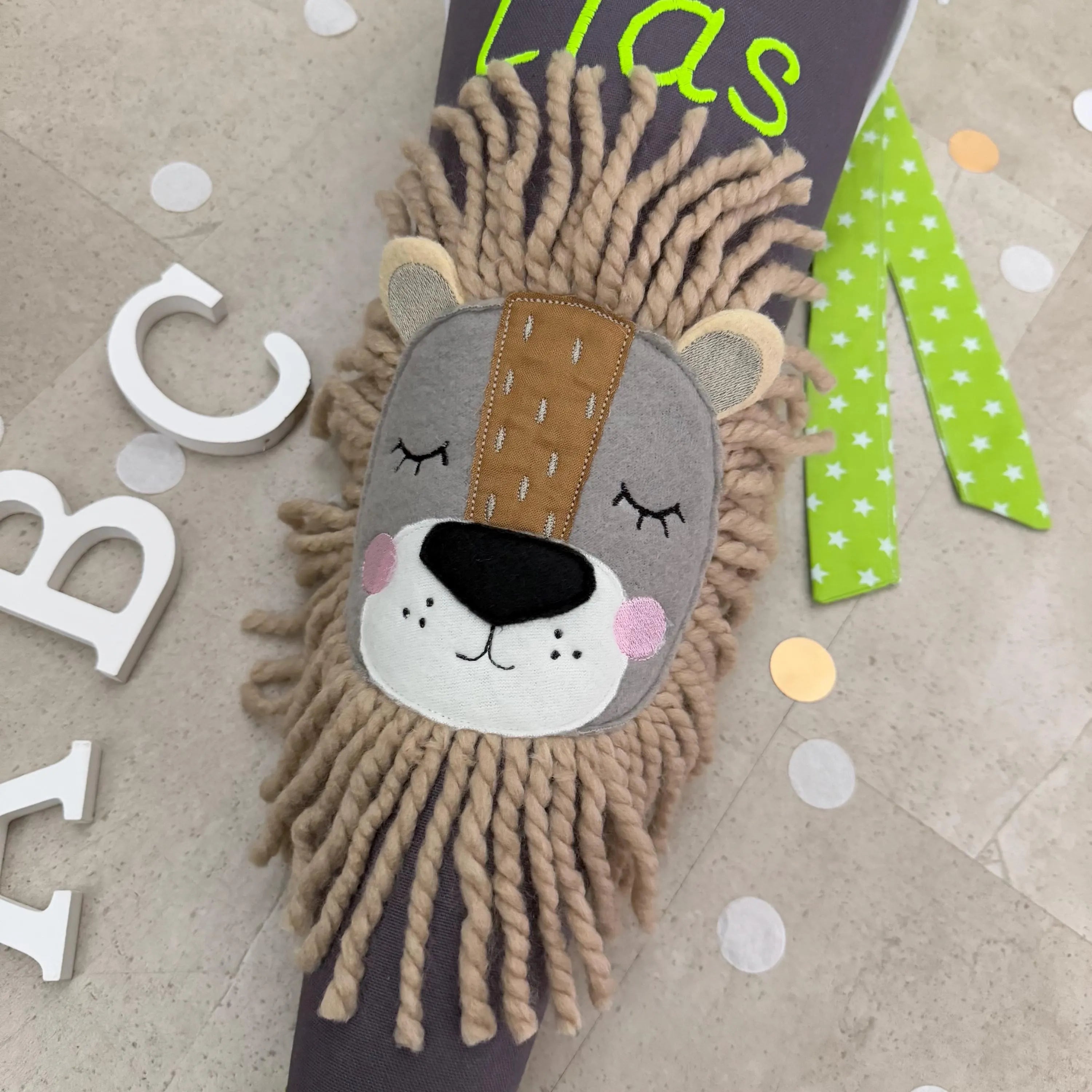 Schultüte Stoff Zuckertüte Einschulung 70cm Handmade - Löwe dunkelgrau