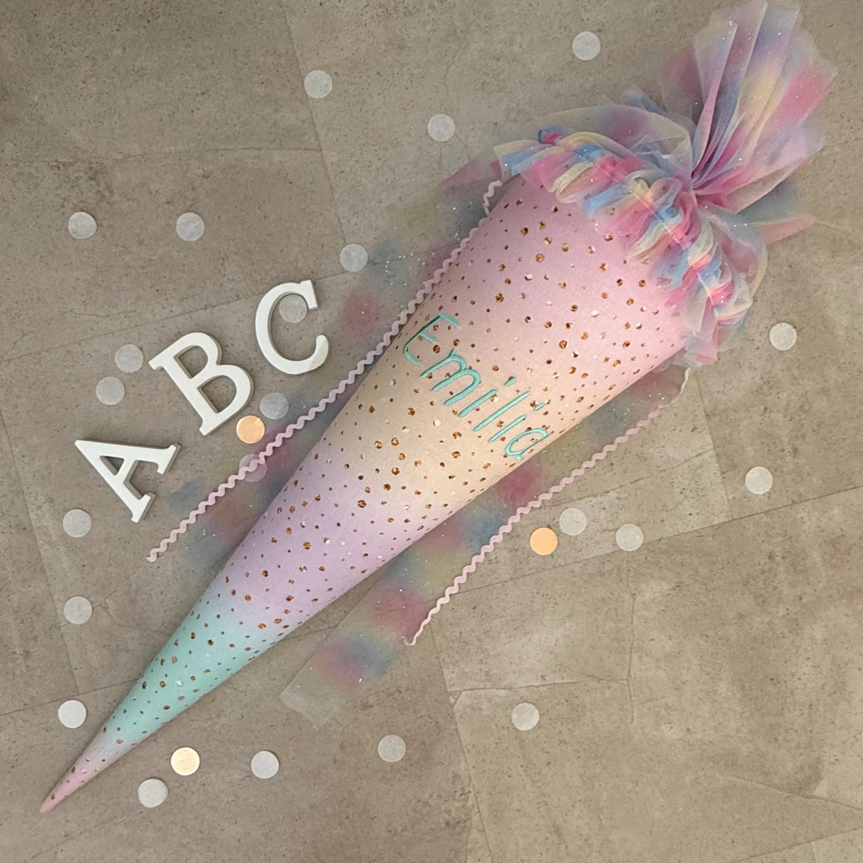 85cm Schultüte Zuckertüte Einschulung Groß  Handmade - Regenbogen Bunt mit Tüll