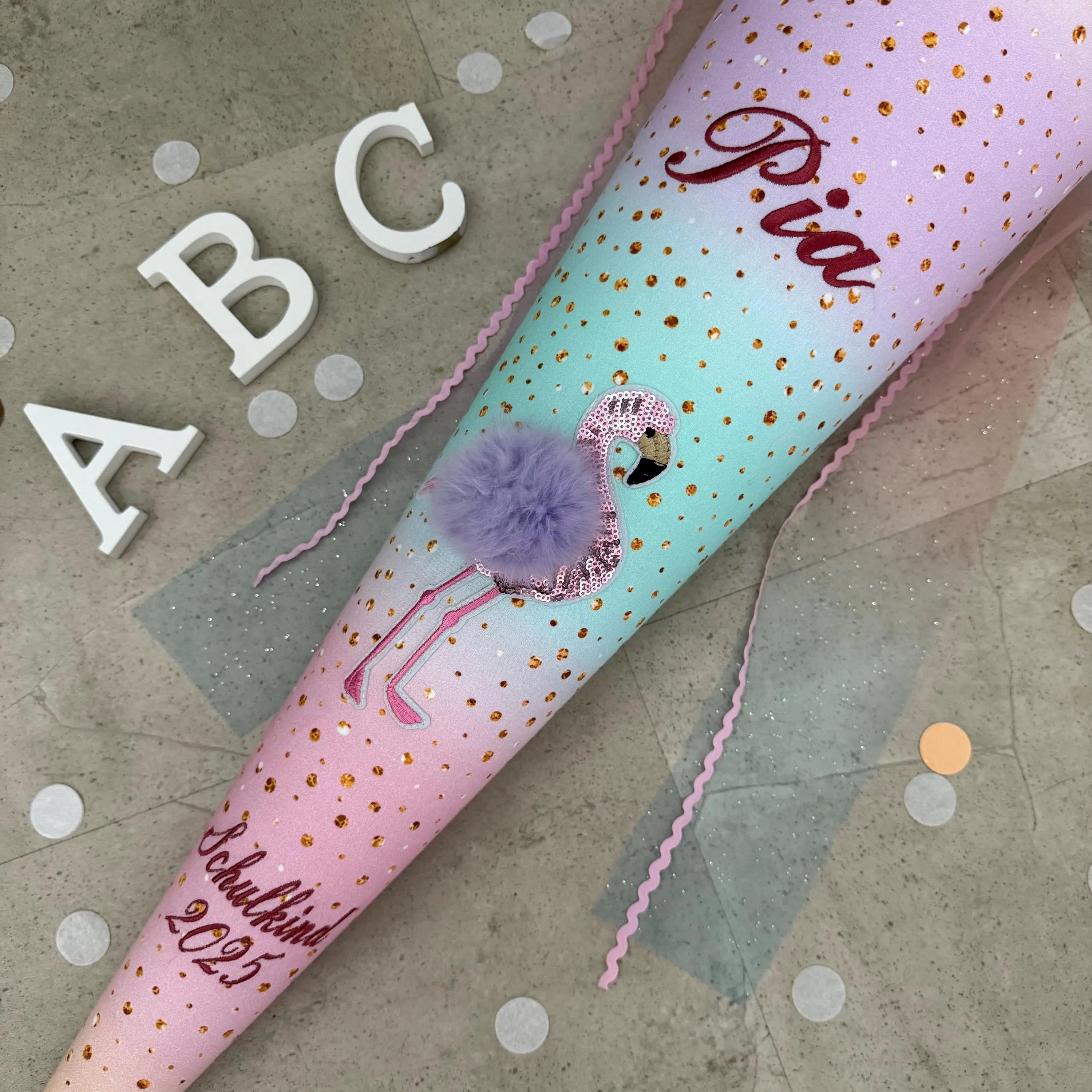 85cm Schultüte Stoff Zuckertüte Einschulung Handmade - Flamingo mit Tüll