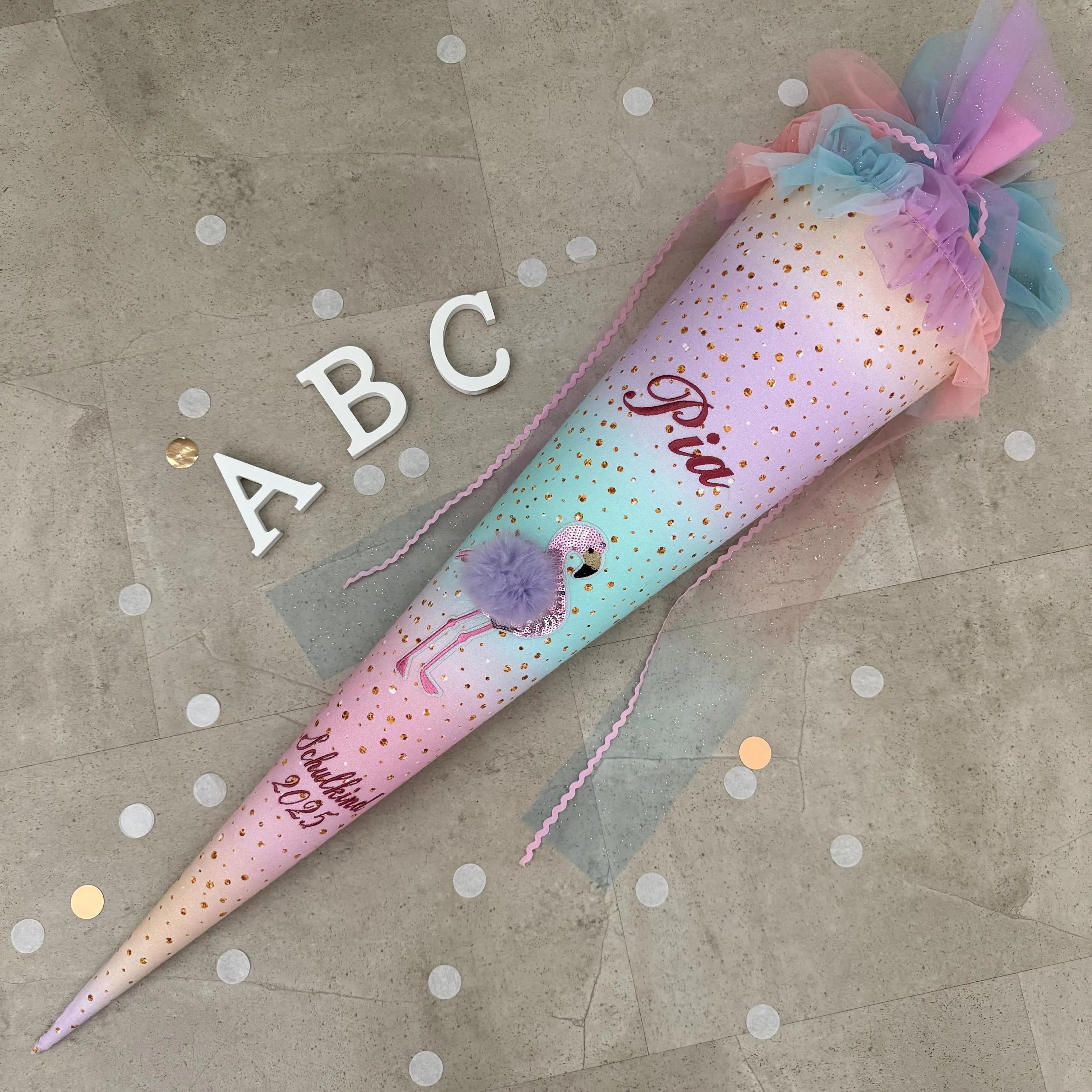 85cm Schultüte Stoff Zuckertüte Einschulung Handmade - Flamingo mit Tüll